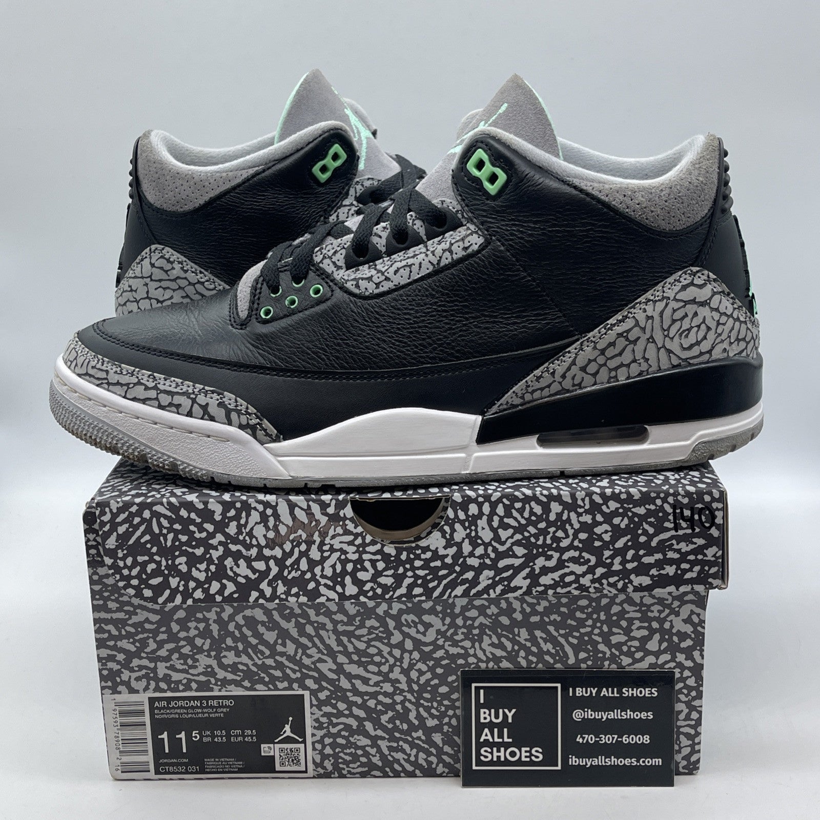 Size 11.5 - Air Jordan 3 Retro Green Glow Grey Suede Leather (CT8532-031)
