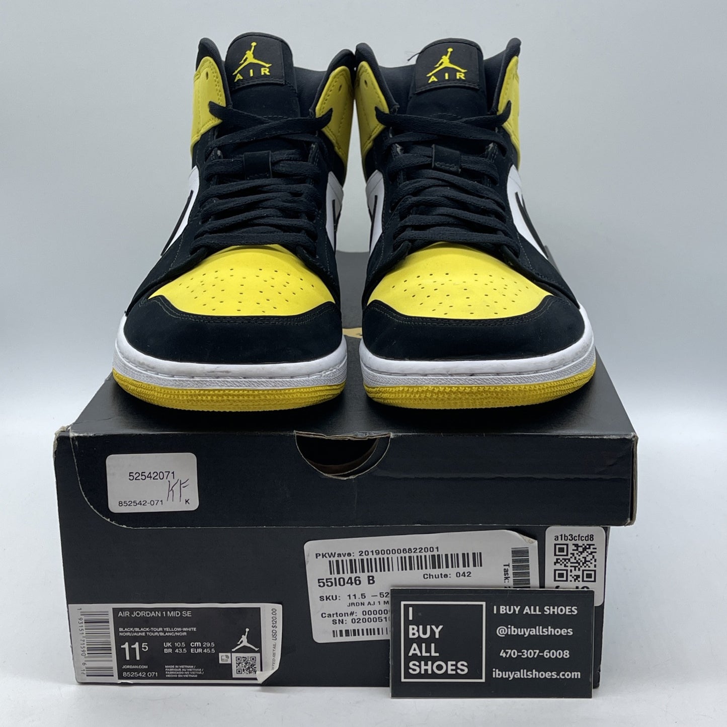 Size 11.5 - Air Jordan 1 SE Mid Yellow Toe Black White Suede (852542-071)
