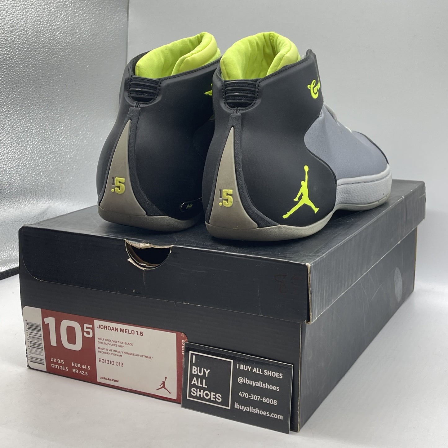 Size 10.5 - Jordan Melo 1.5 Wolf Grey Volt Ice Black Suede Leather (631310-013)