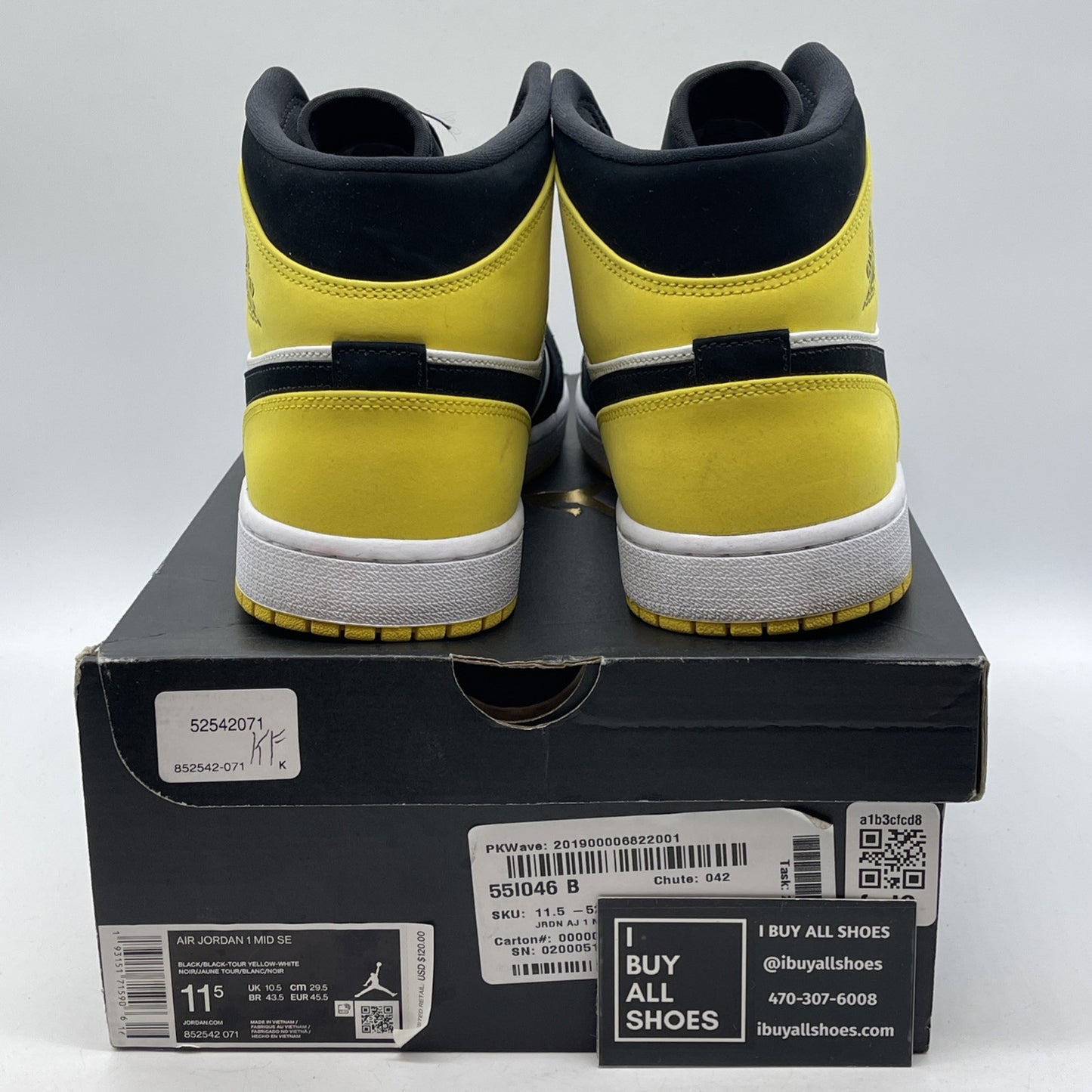 Size 11.5 - Air Jordan 1 SE Mid Yellow Toe Black White Suede (852542-071)