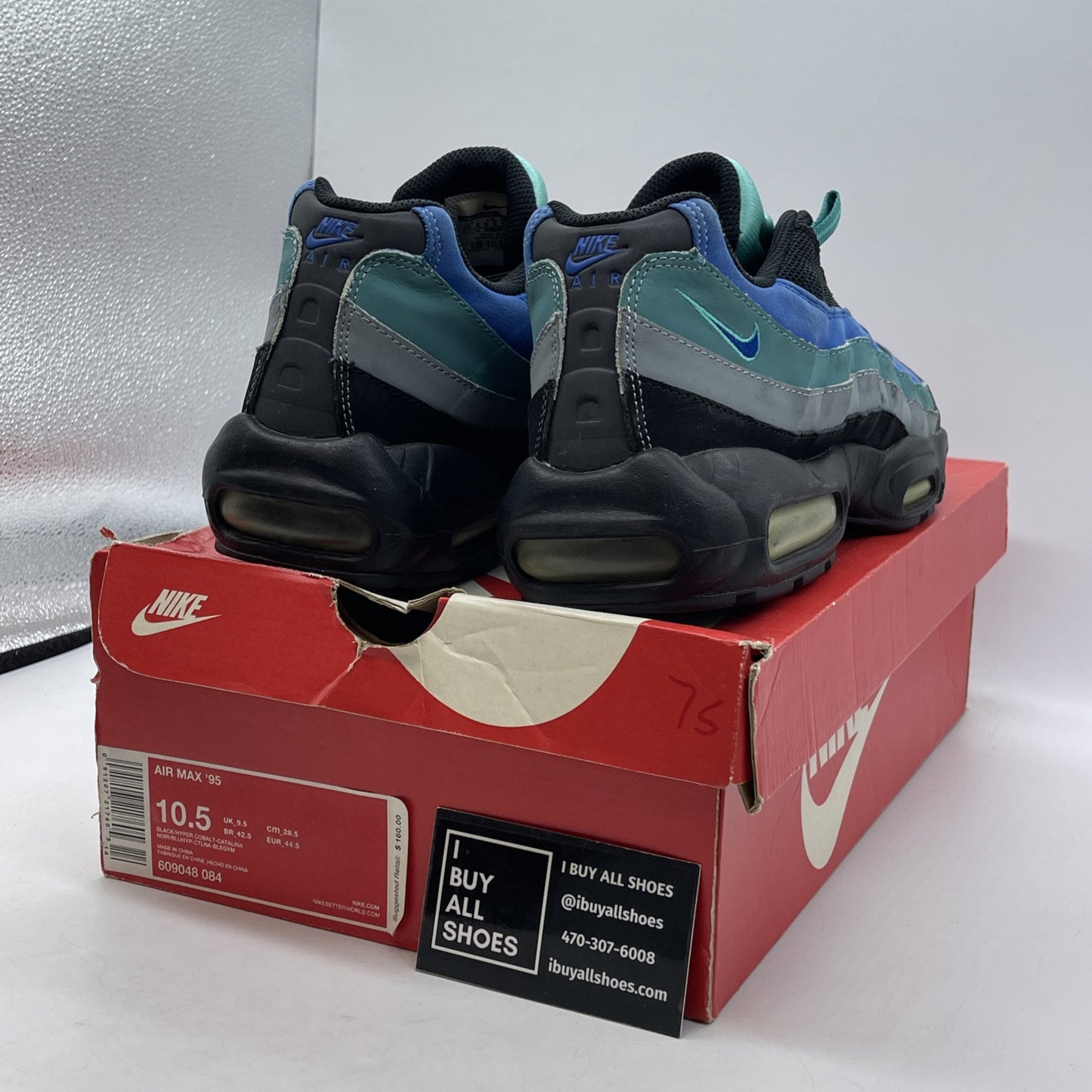 Size 10.5 - Nike Air Max 95 Black Hyper Cobalt Blue Grey Suede (609048-084)