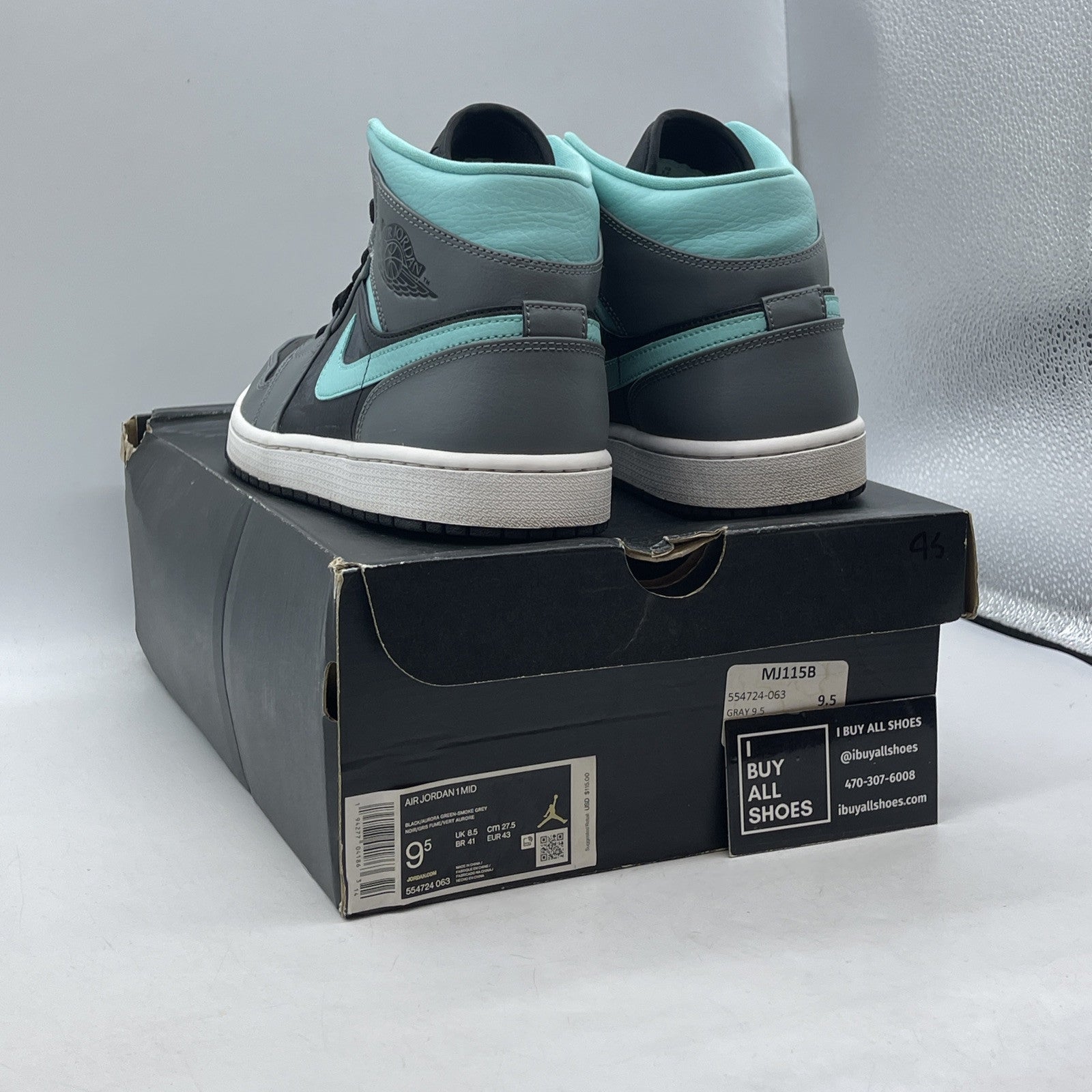 Size 9.5 - Air Jordan 1 Mid Grey Aqua Black Leather (554724-063)