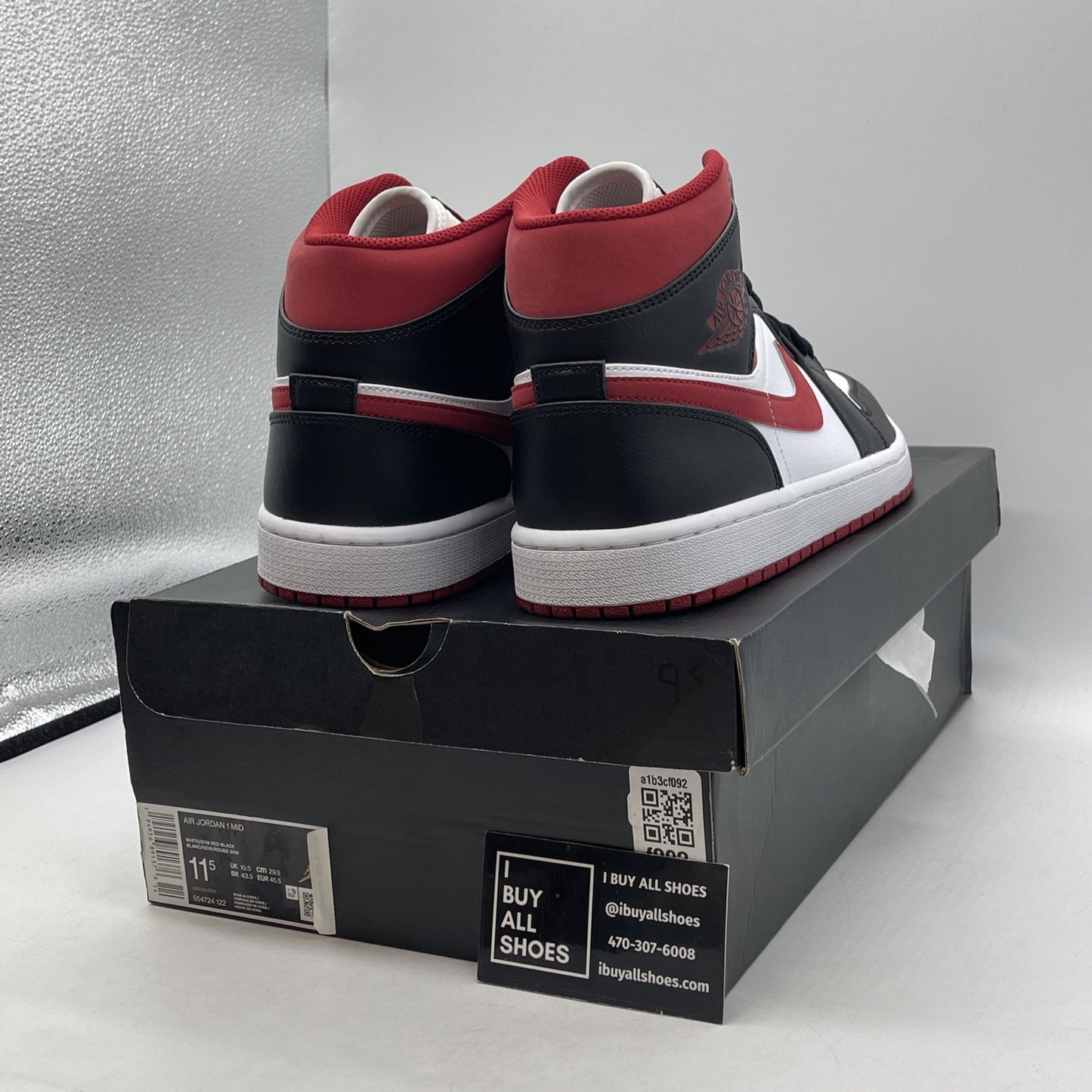 Size 11.5 - Air Jordan 1 Mid Black Gym Red White Black Leather (554724-122)