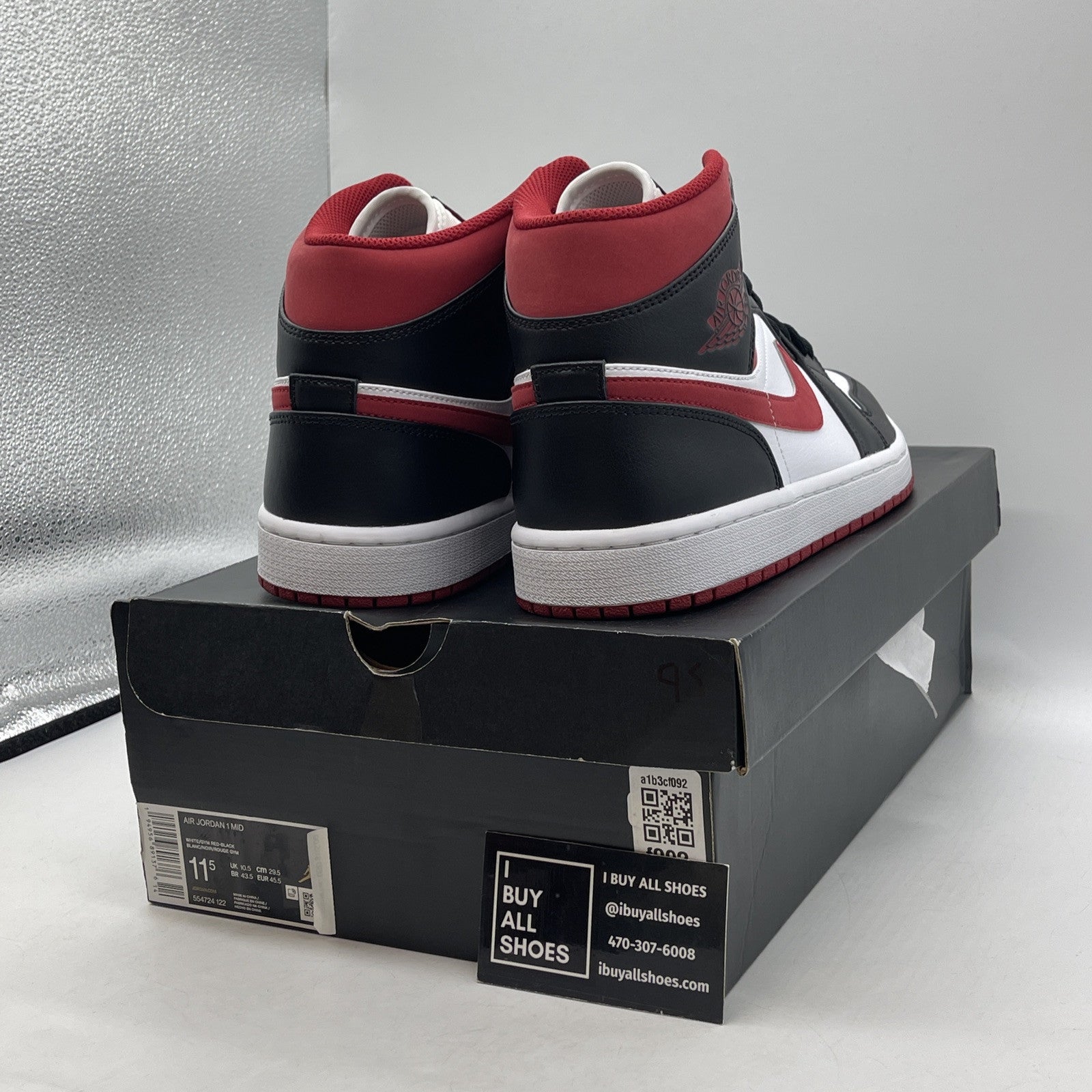 Size 11.5 - Air Jordan 1 Mid Black Gym Red White Black Leather (554724-122)