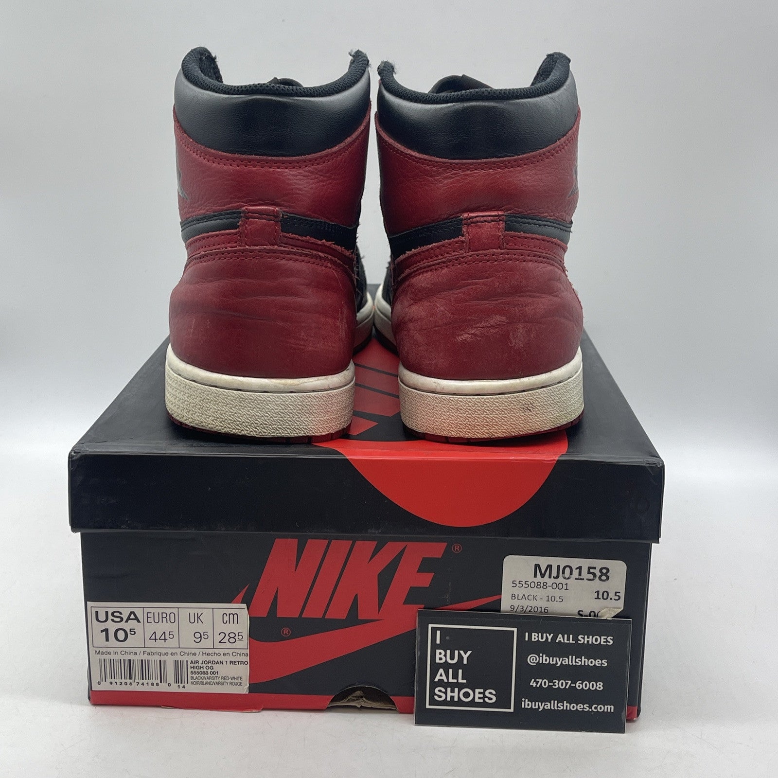 Size 10.5 - Jordan 1 Retro OG High Banned, Bred Black Red leather (555088-001)