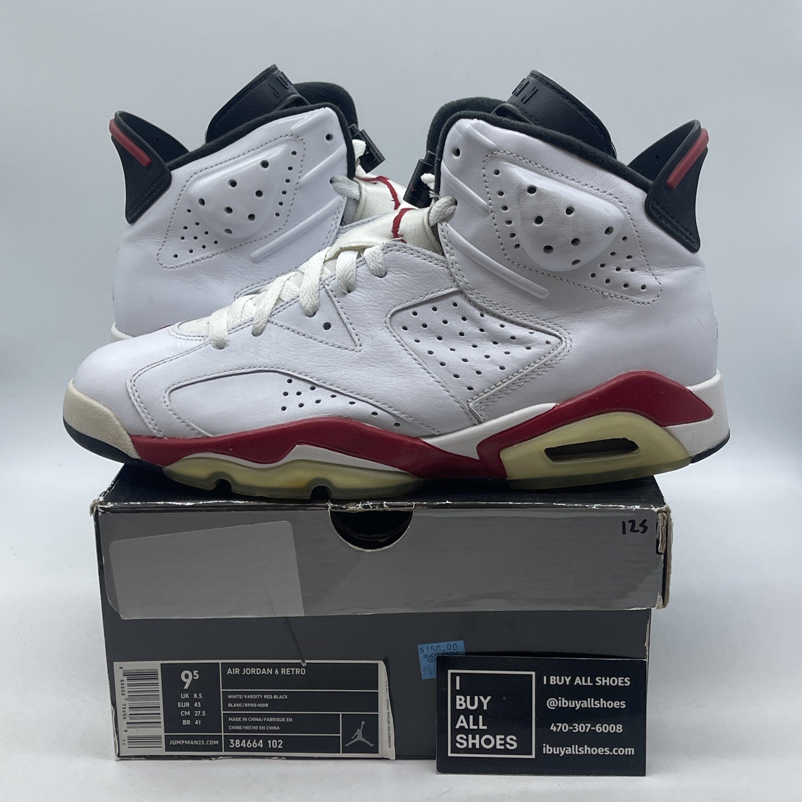 Size 9.5 - Air Jordan 6 Retro Bulls White Red Black Suede Leather (384664-102)