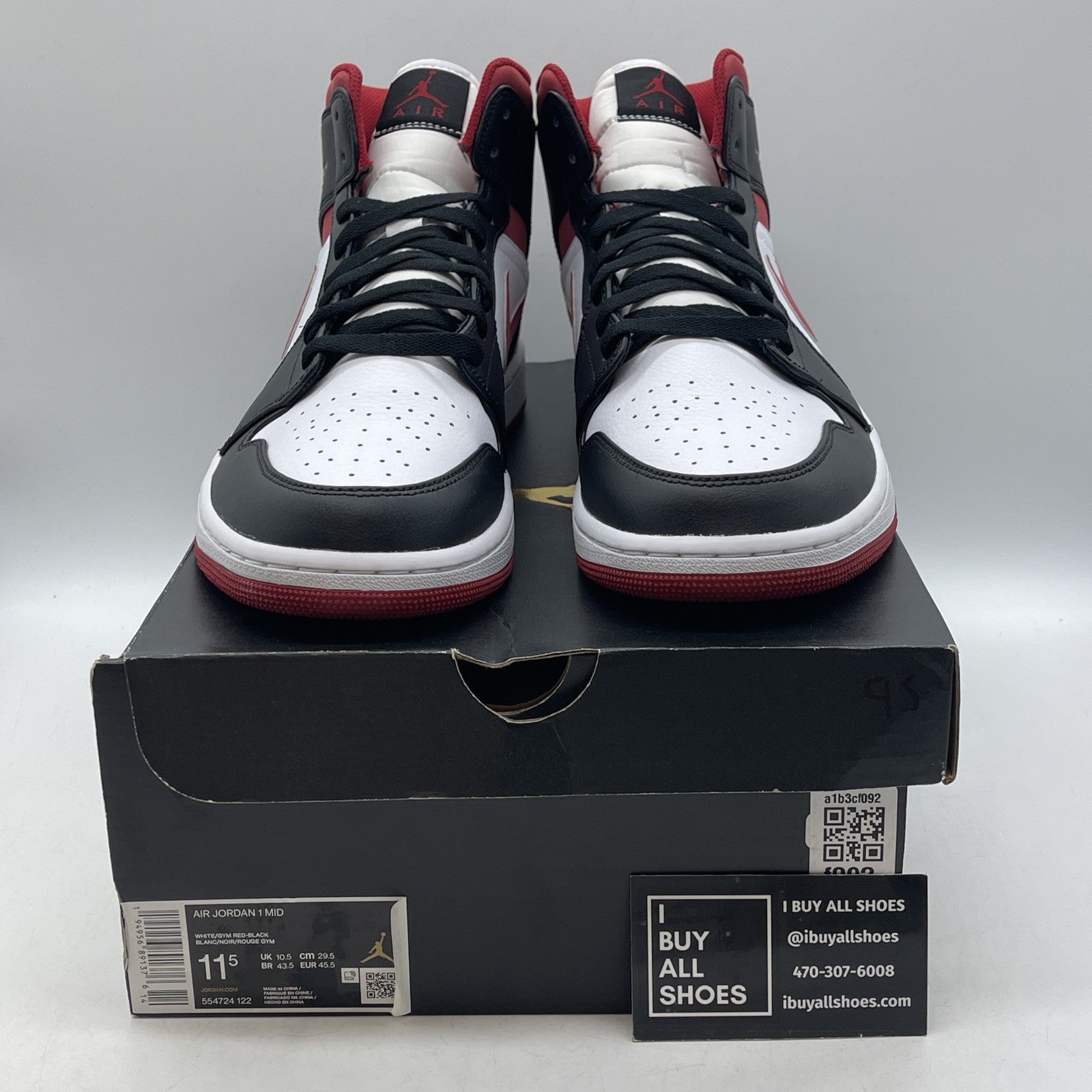 Size 11.5 - Air Jordan 1 Mid Black Gym Red White Black Leather (554724-122)