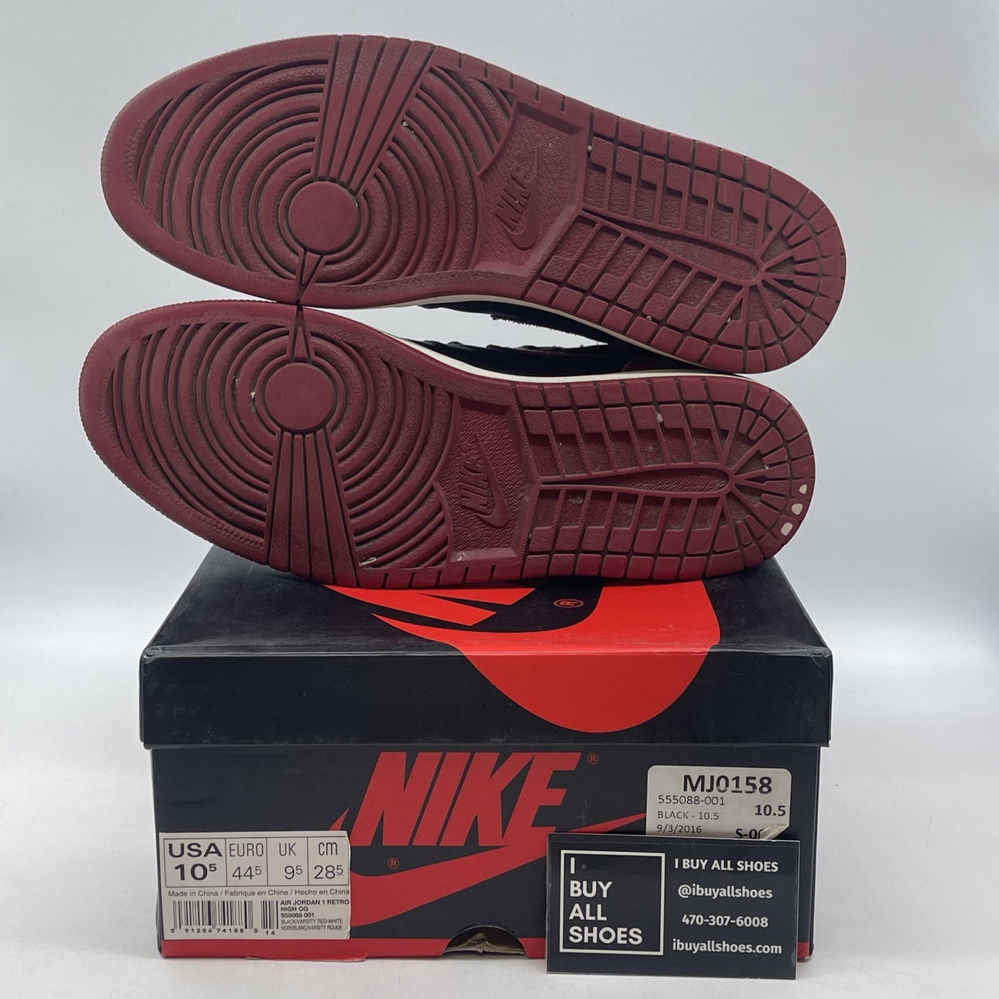 Size 10.5 - Jordan 1 Retro OG High Banned, Bred Black Red leather (555088-001)