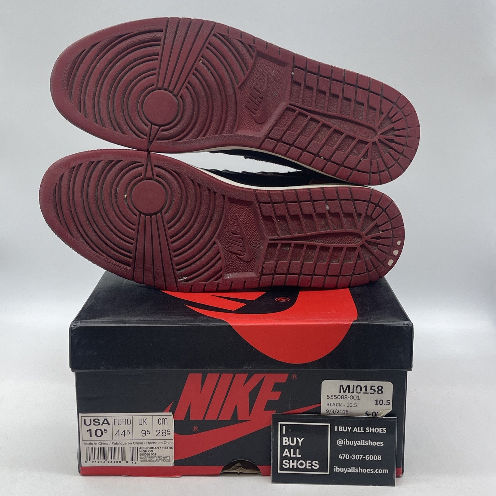 Size 10.5 - Jordan 1 Retro OG High Banned, Bred Black Red leather (555088-001)
