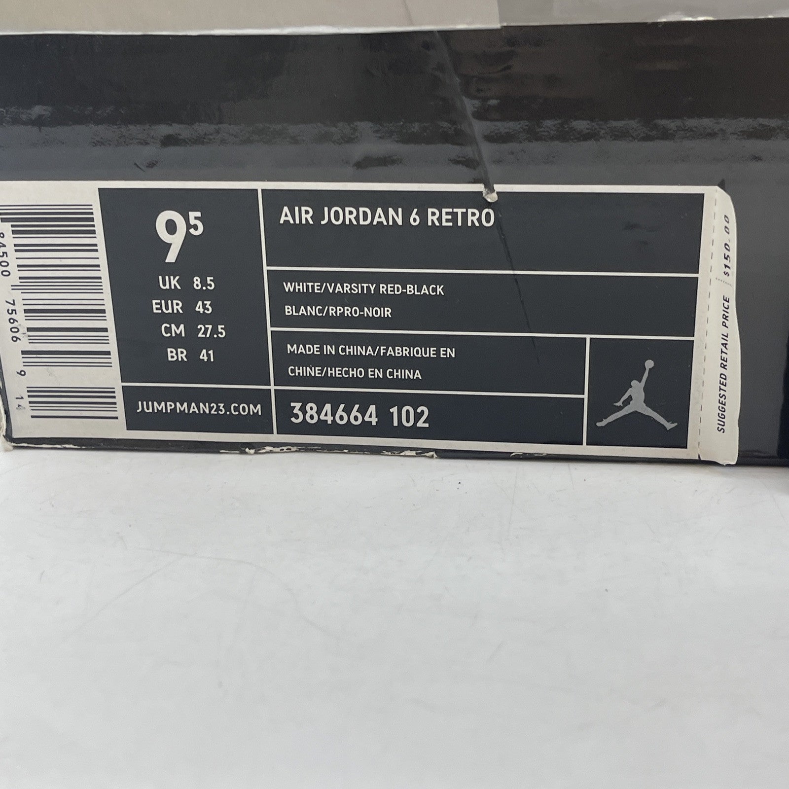 Size 9.5 - Air Jordan 6 Retro Bulls White Red Black Suede Leather (384664-102)