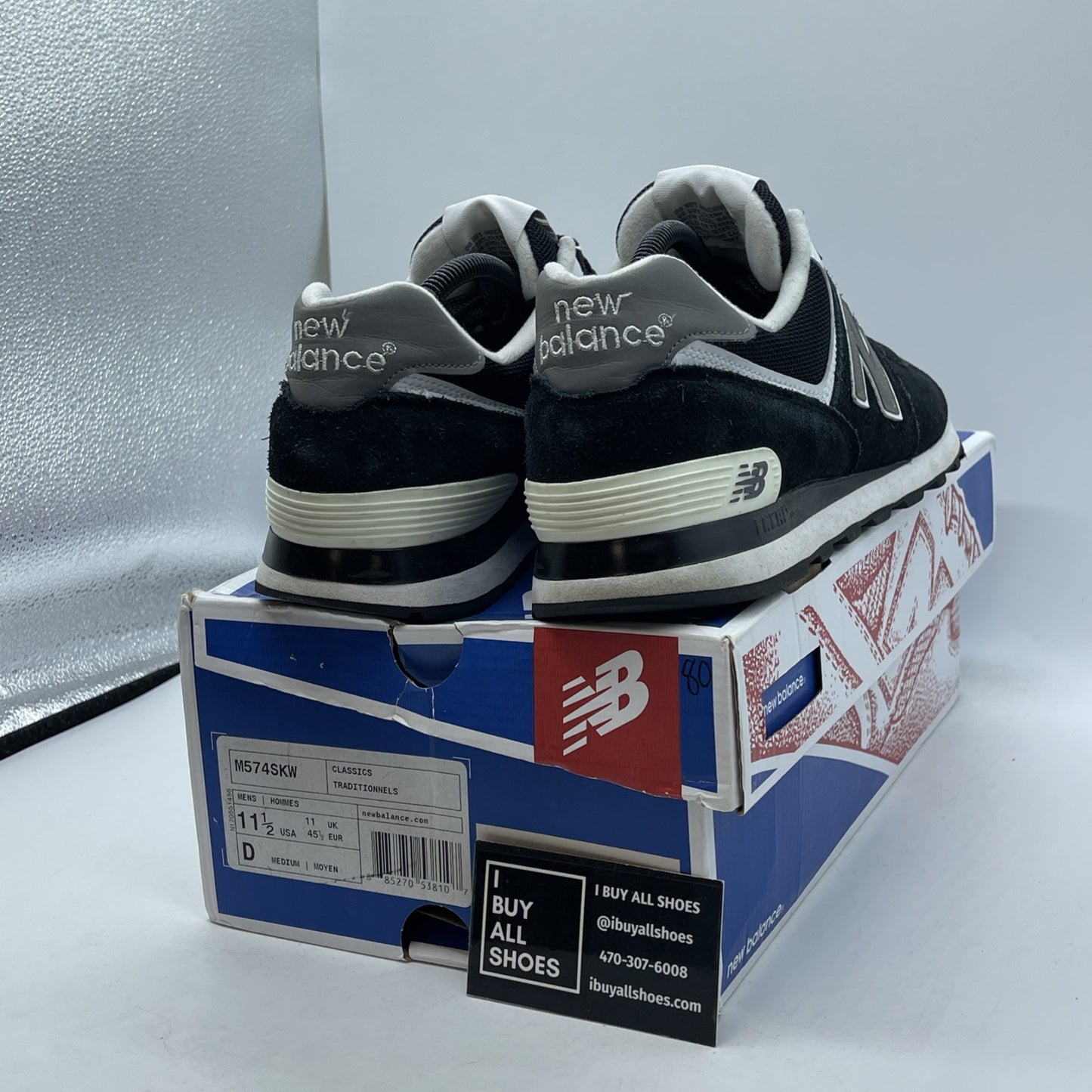 Size 11.5 - New Balance M574 Black White Silver Suede Leather (M574SKW)