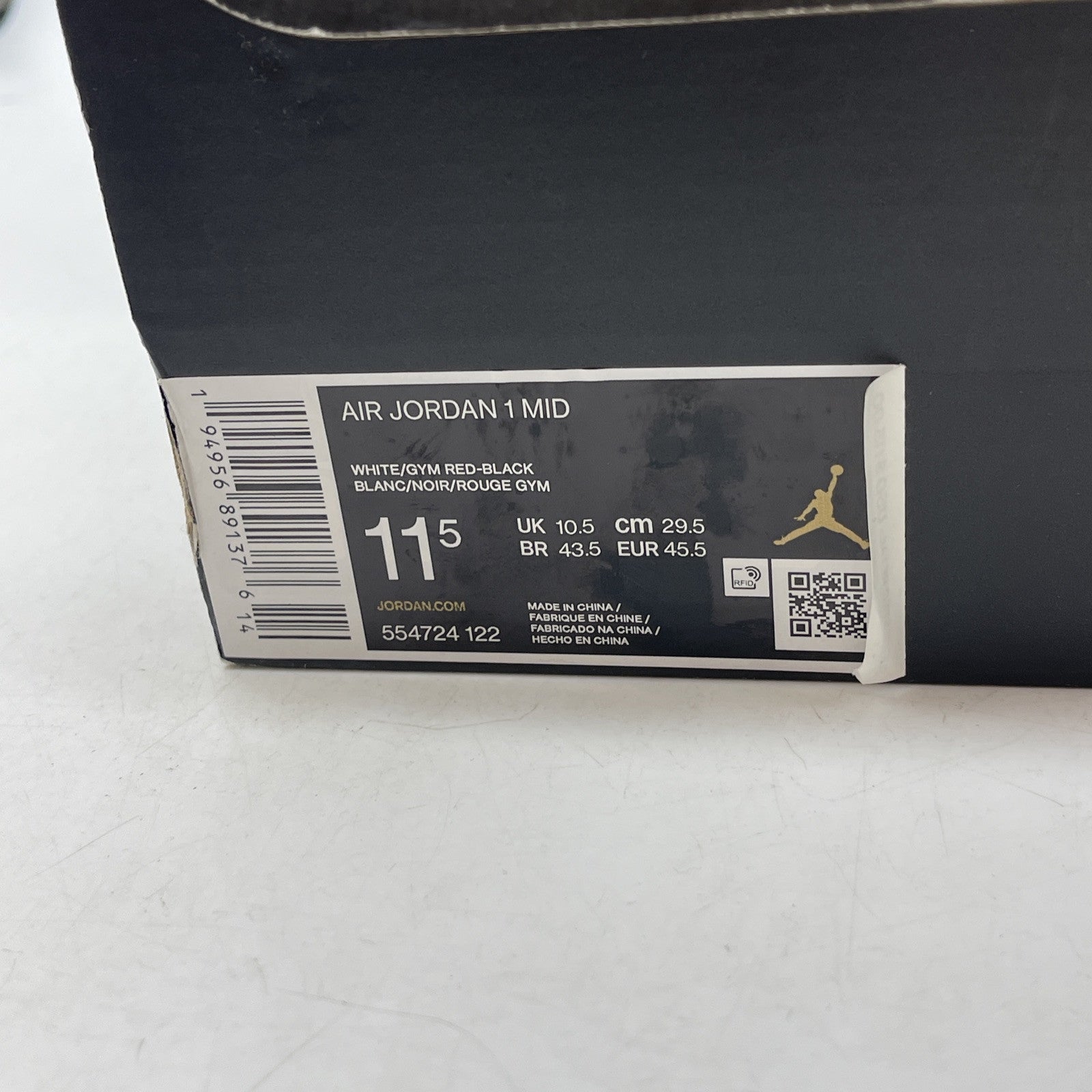 Size 11.5 - Air Jordan 1 Mid Black Gym Red White Black Leather (554724-122)