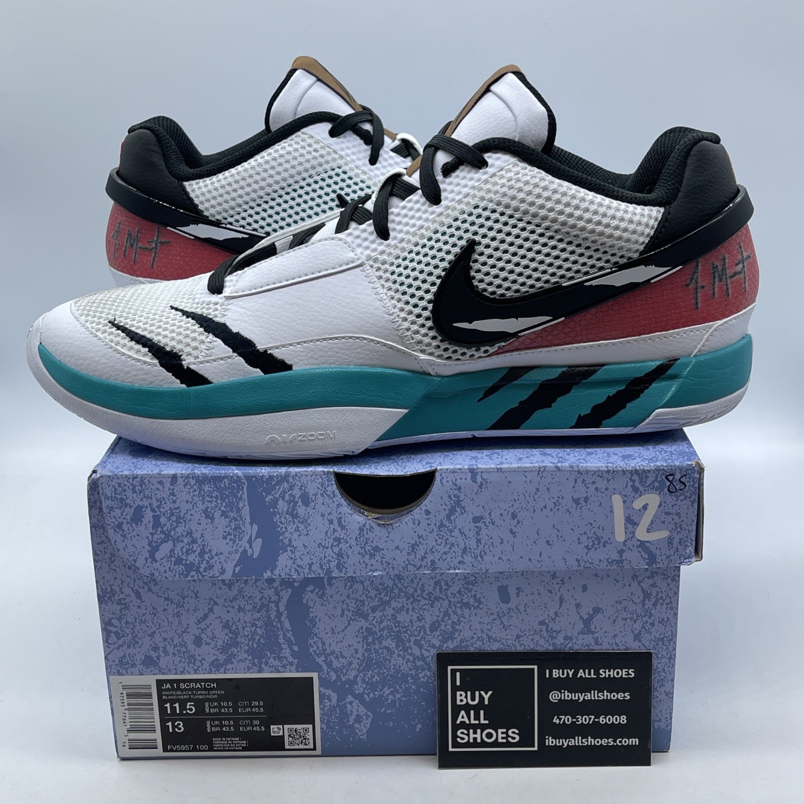 Size 11.5 - Nike Ja 1 Reverse Scratch White Black Suede Leather (FV5957-100)