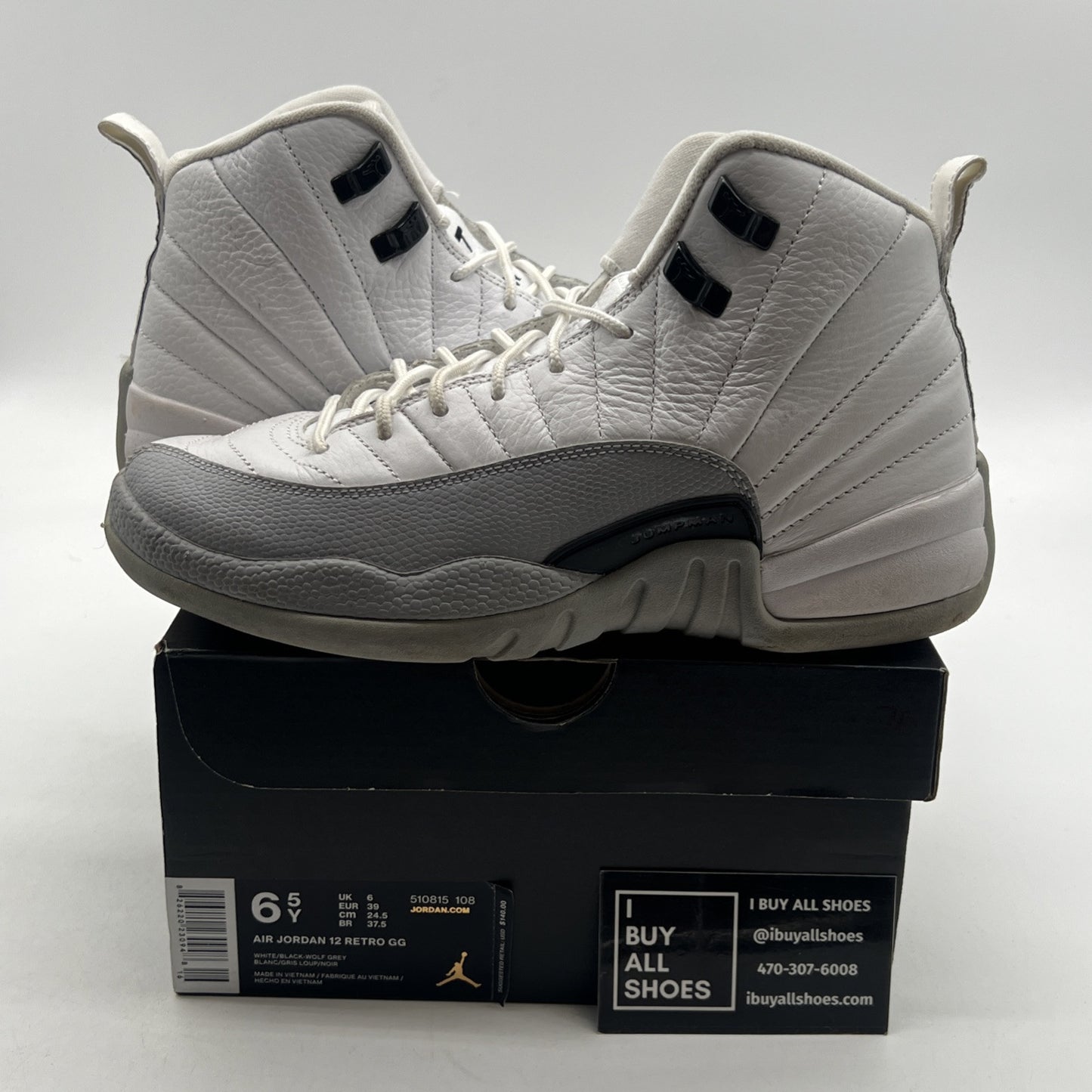 Size 6.5Y - Nike Air Jordan 12 Retro Wolf Grey White Black Leather (510815-108)