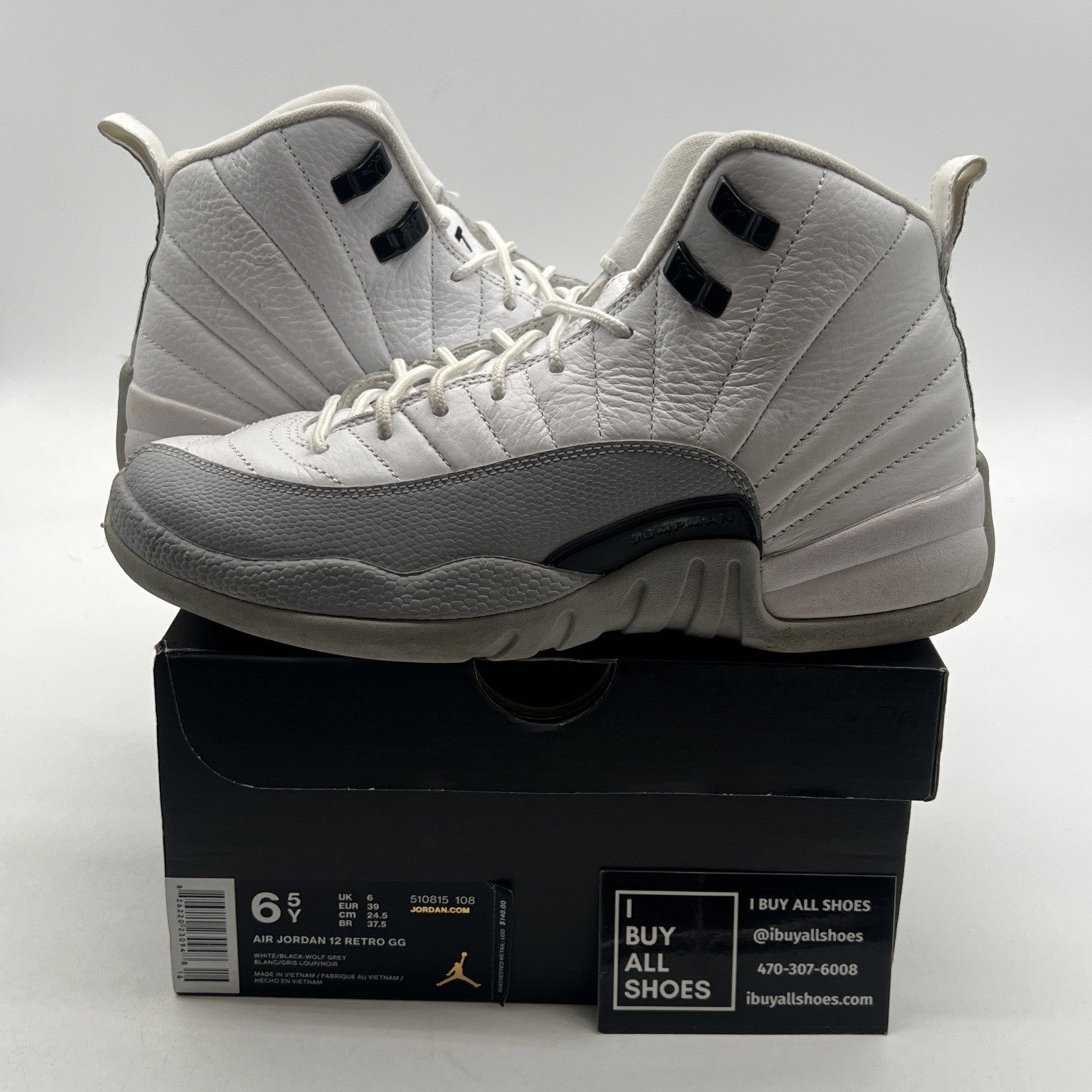 Size 6.5Y - Nike Air Jordan 12 Retro Wolf Grey White Black Leather (510815-108)