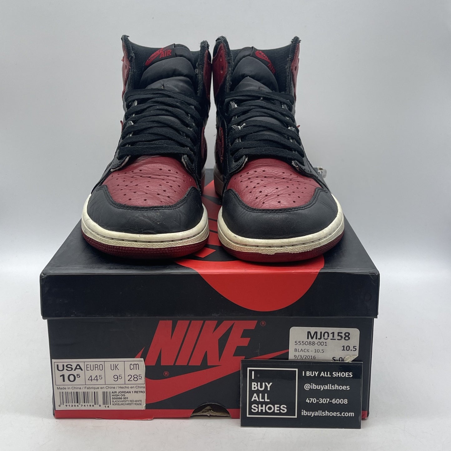 Size 10.5 - Jordan 1 Retro OG High Banned, Bred Black Red leather (555088-001)