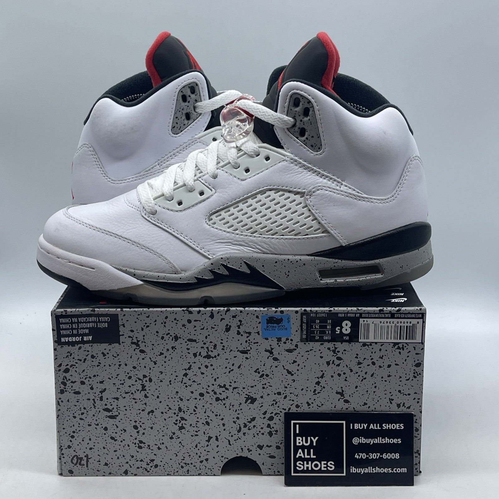 Size 8.5 - Air Jordan 5 Retro White Cement Grey red Black Leather (136027-104)