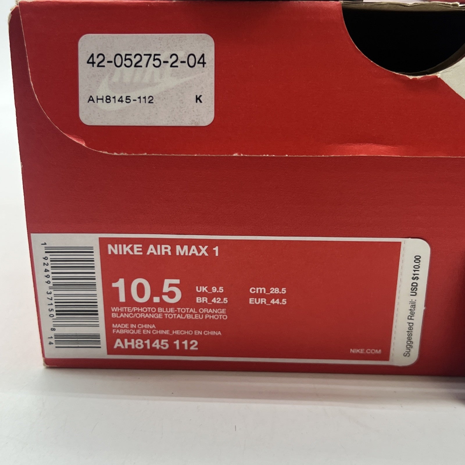 Size 10.5 - Nike Air Max 1 Photo Blue Total Orange (AH8145-112)