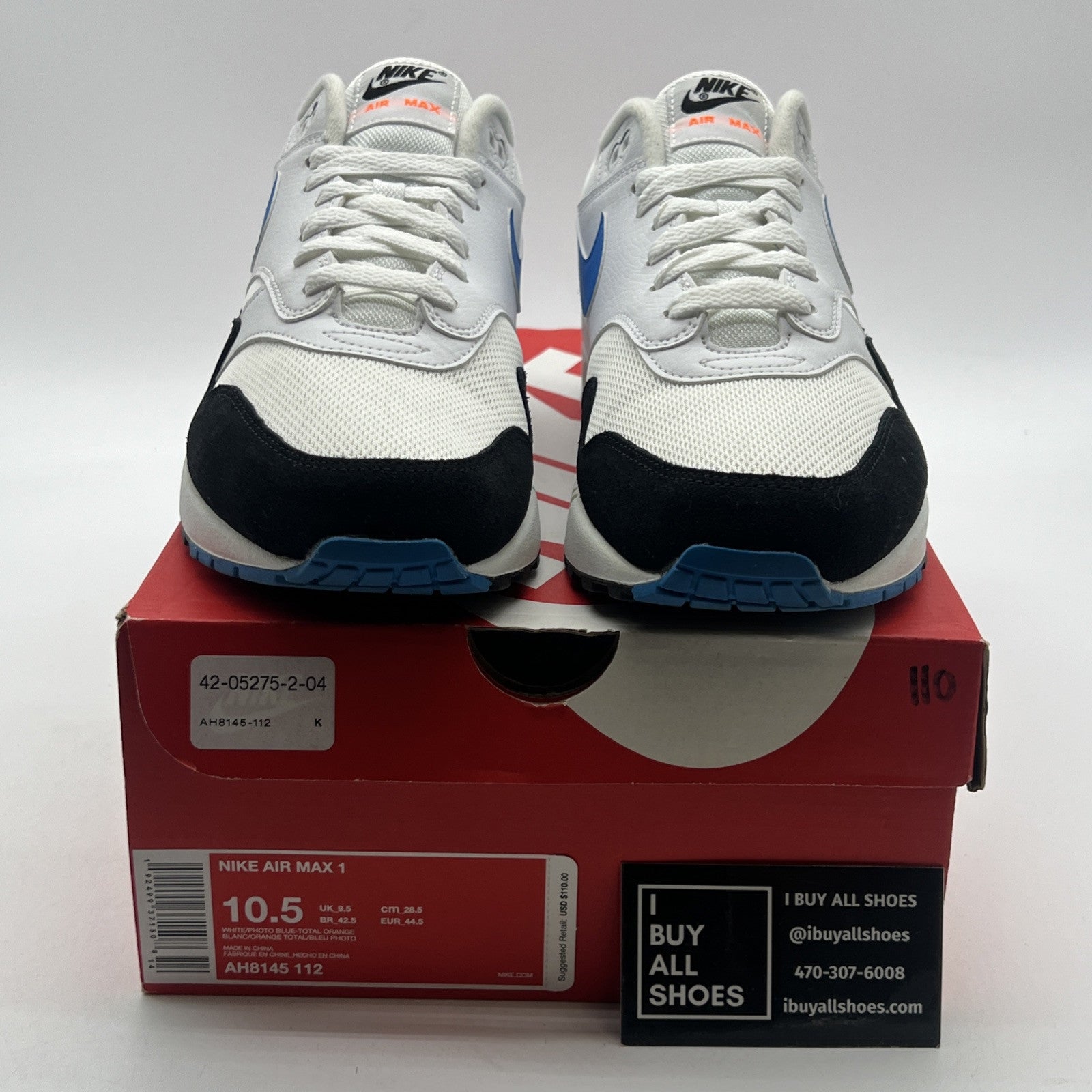 Size 10.5 - Nike Air Max 1 Photo Blue Total Orange (AH8145-112)