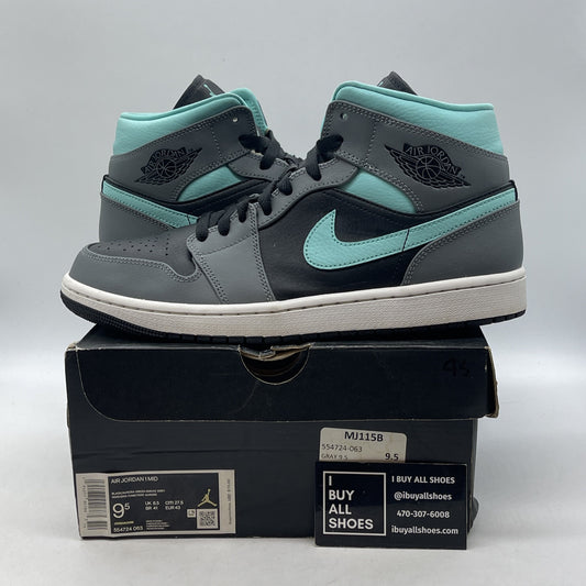 Size 9.5 - Air Jordan 1 Mid Grey Aqua Black Leather (554724-063)