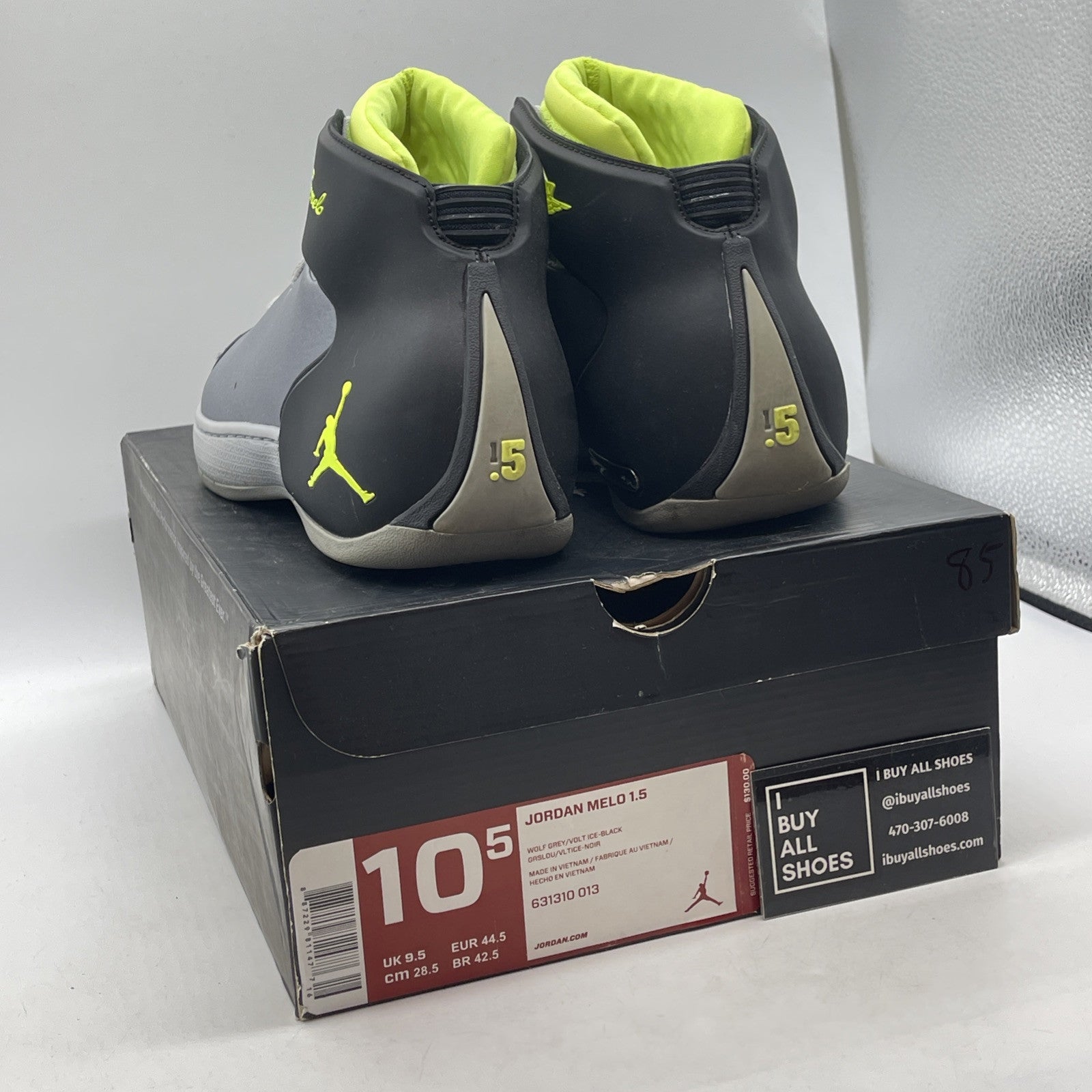 Size 10.5 - Jordan Melo 1.5 Wolf Grey Volt Ice Black Suede Leather (631310-013)