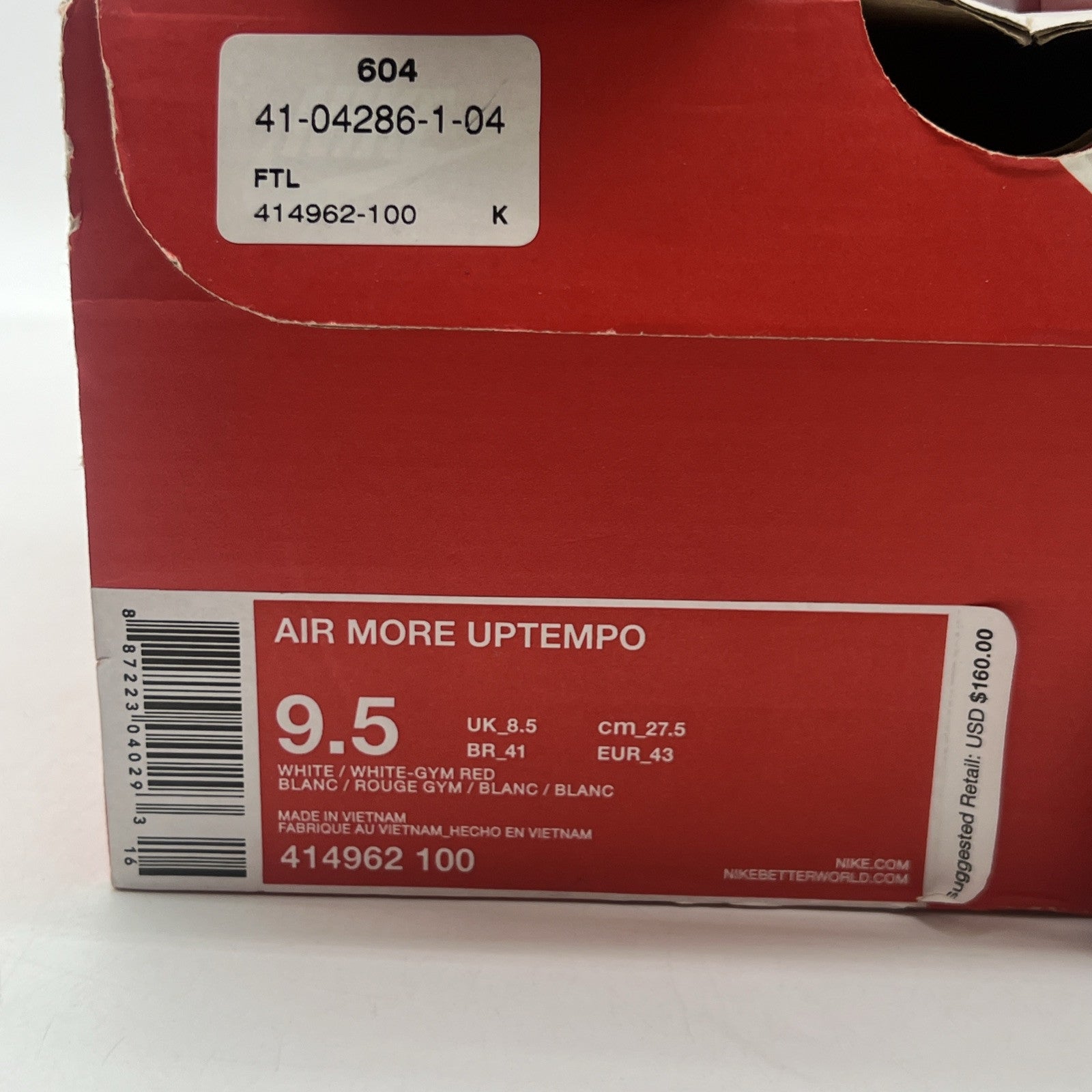 Size 9.5 - Nike Air More Uptempo White Red (414962-100)