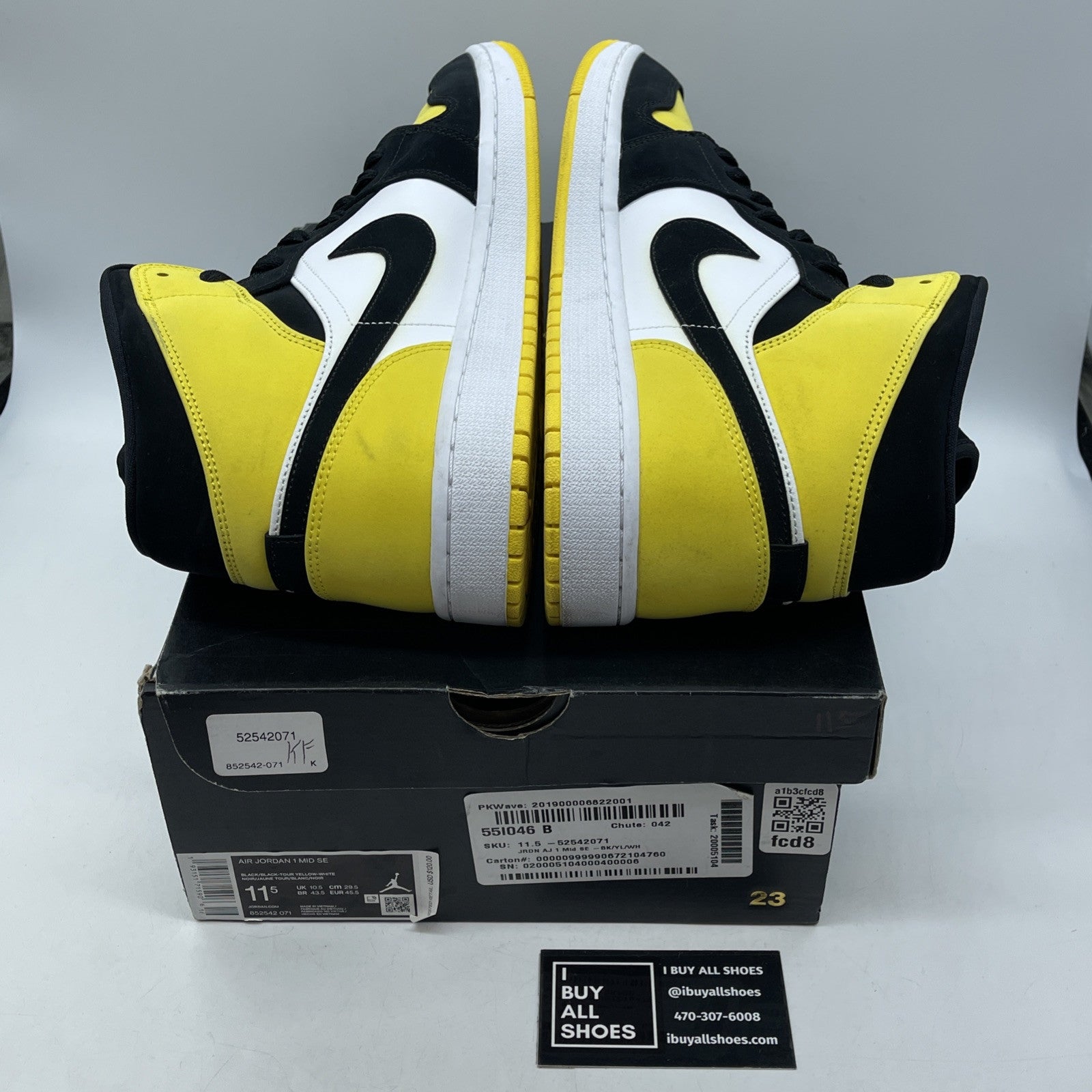 Size 11.5 - Air Jordan 1 SE Mid Yellow Toe Black White Suede (852542-071)
