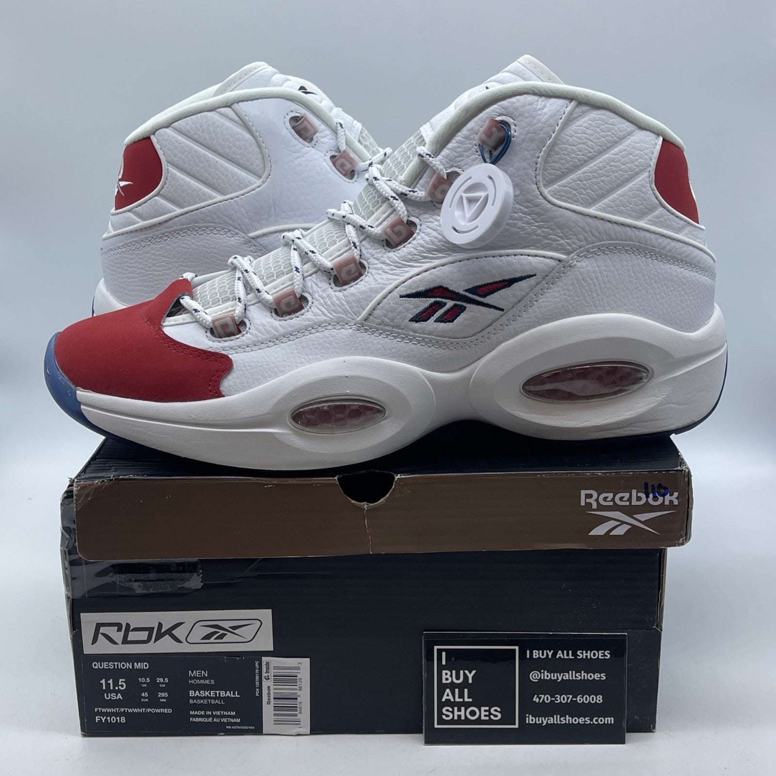 Size 11.5 - Reebok Question OG 2020 Mid Red Toe White Leather (FY1018)