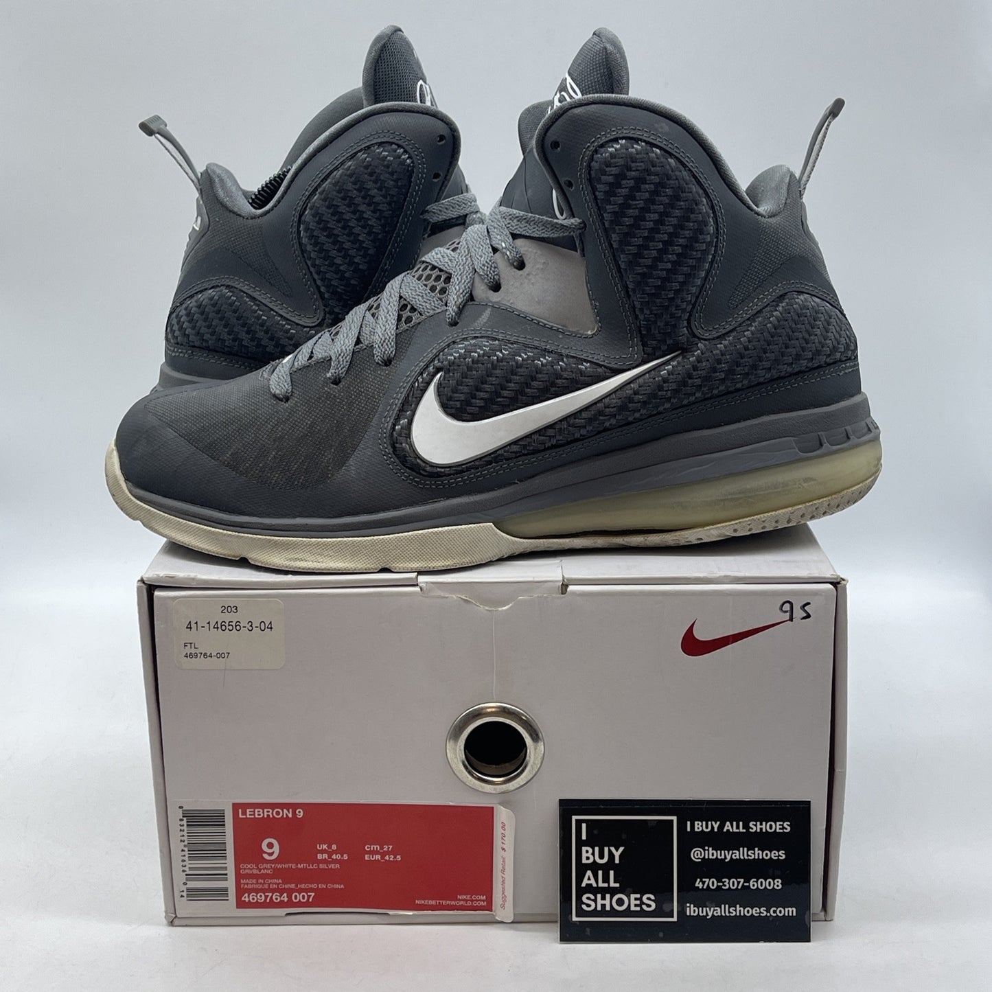Size 9 - Nike LeBron 9 Cool Grey White Suede Leather (469764-007)