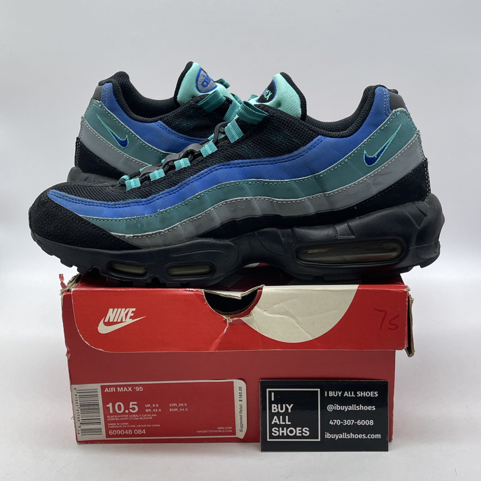 Size 10.5 - Nike Air Max 95 Black Hyper Cobalt Blue Grey Suede (609048-084)