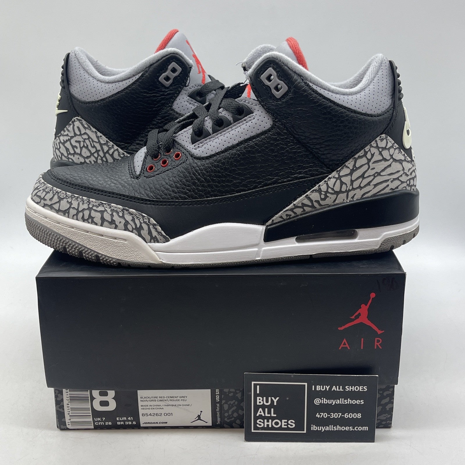 Size 8 - Jordan 3 Retro OG Mid Black Cement Suede Leather (854262-001)