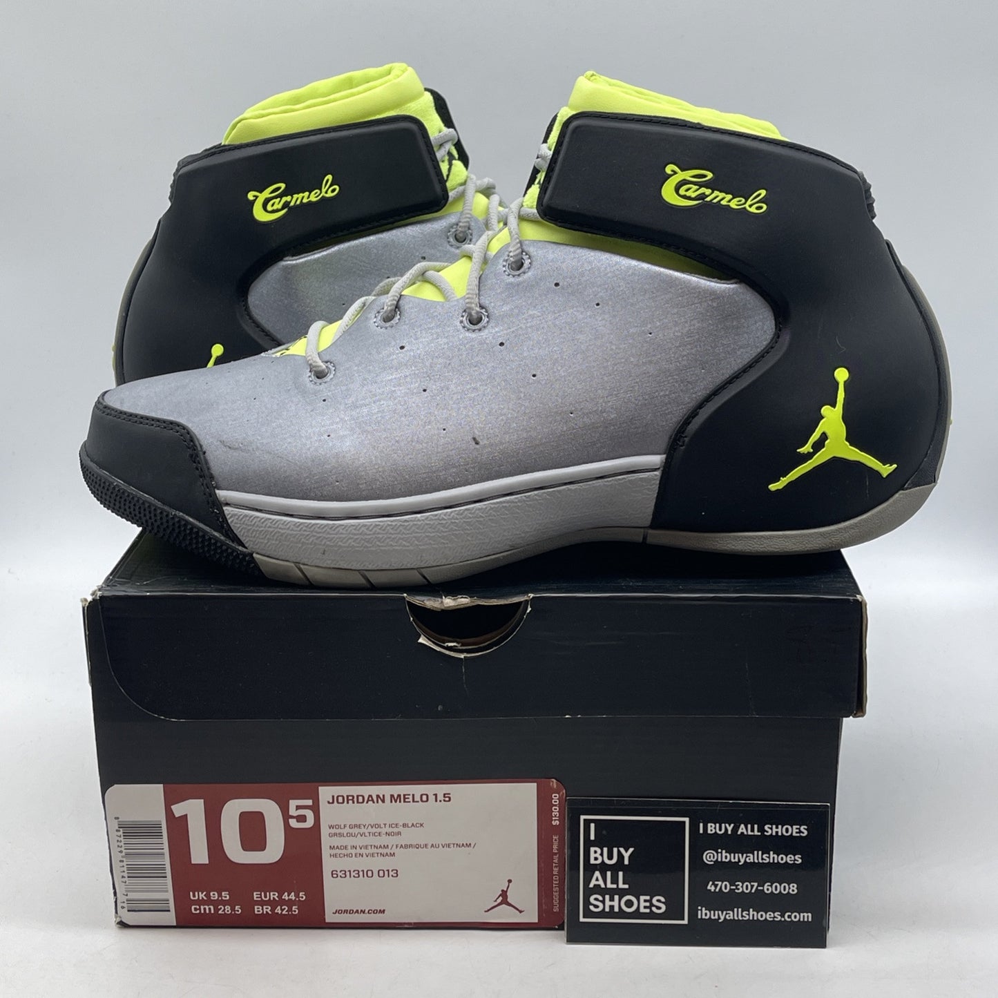 Size 10.5 - Jordan Melo 1.5 Wolf Grey Volt Ice Black Suede Leather (631310-013)
