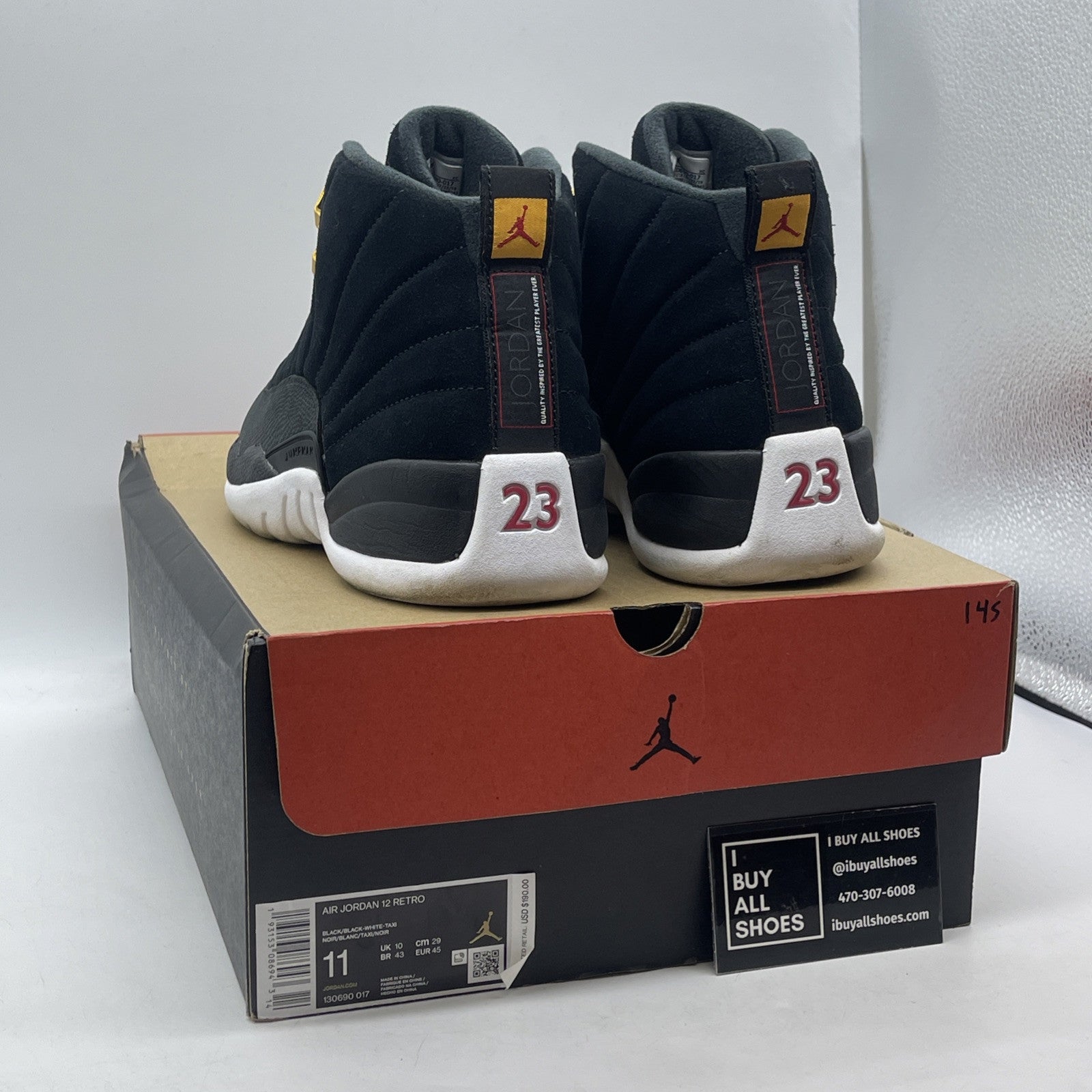 Size 11 - Air Jordan 12 Retro Reverse Taxi Black Suede Leather (130690-017)