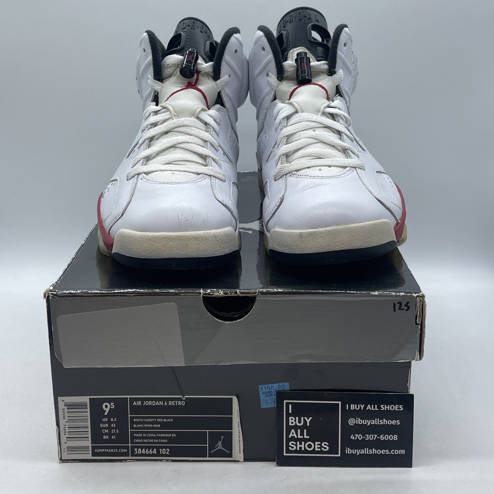 Size 9.5 - Air Jordan 6 Retro Bulls White Red Black Suede Leather (384664-102)