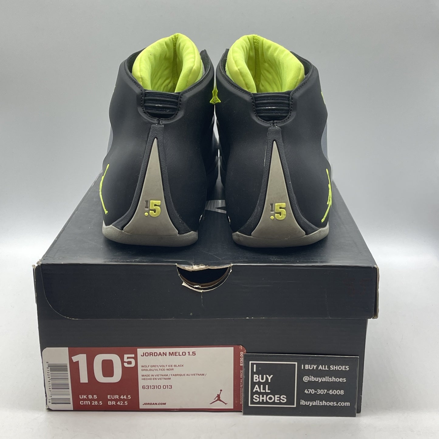 Size 10.5 - Jordan Melo 1.5 Wolf Grey Volt Ice Black Suede Leather (631310-013)