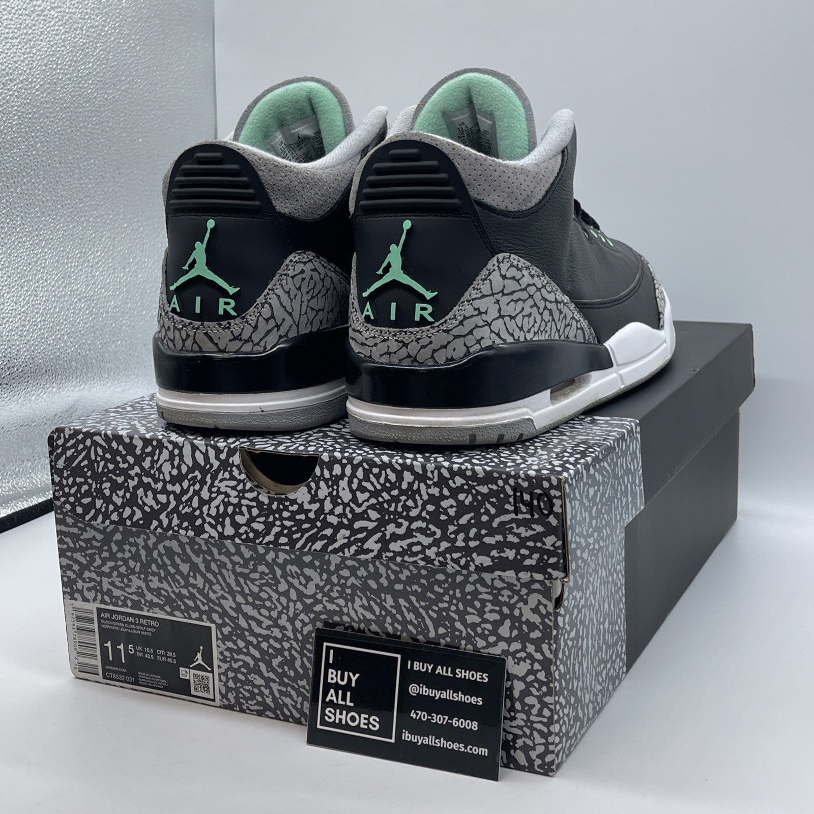 Size 11.5 - Air Jordan 3 Retro Green Glow Grey Suede Leather (CT8532-031)