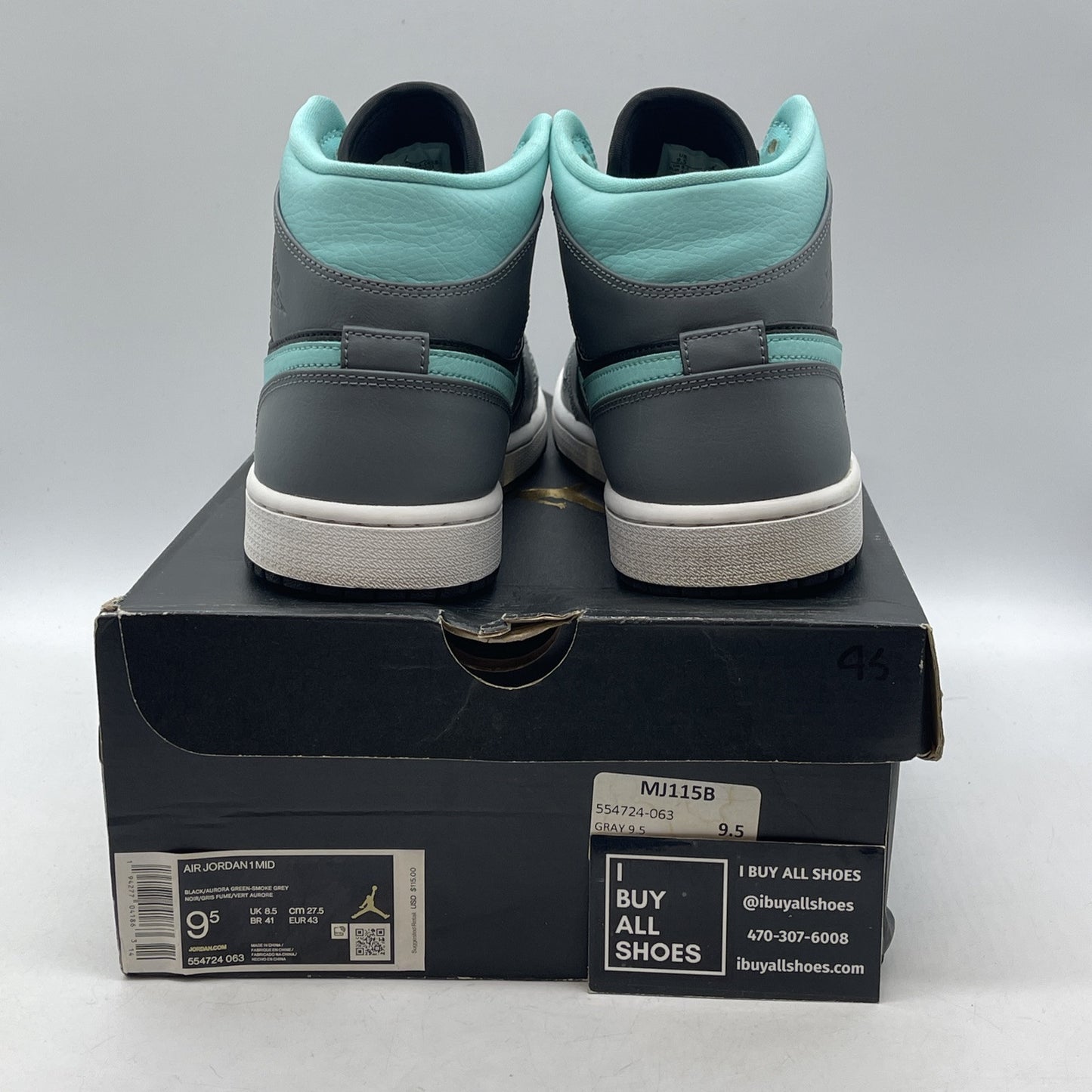 Size 9.5 - Air Jordan 1 Mid Grey Aqua Black Leather (554724-063)