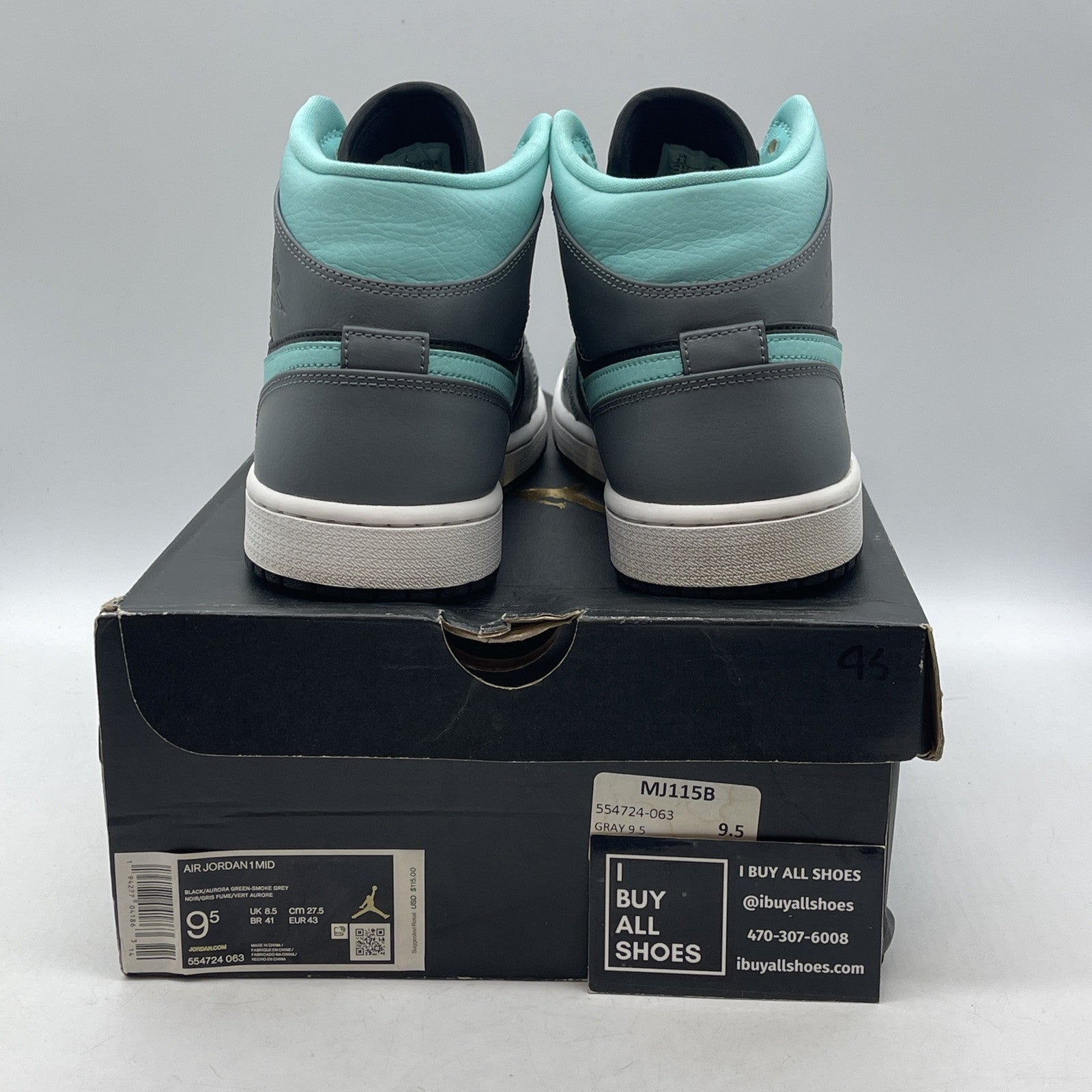 Size 9.5 - Air Jordan 1 Mid Grey Aqua Black Leather (554724-063)