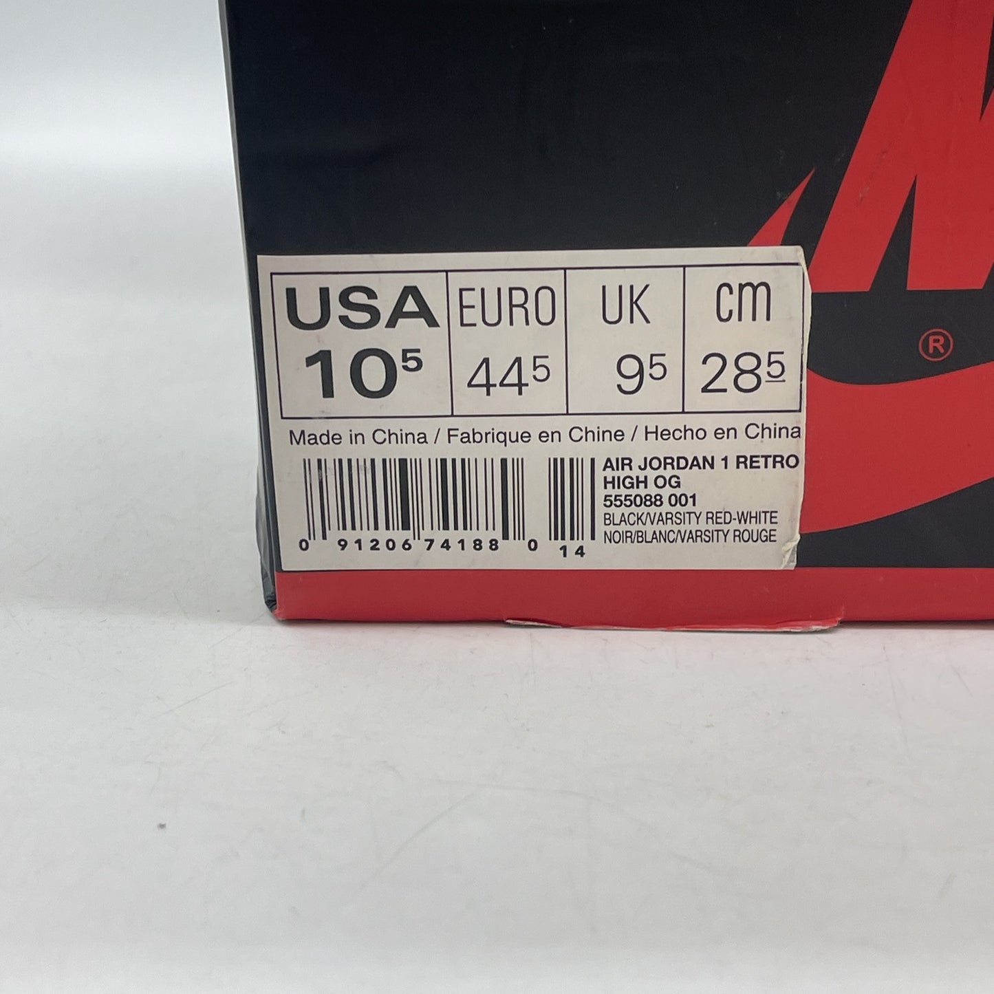 Size 10.5 - Jordan 1 Retro OG High Banned, Bred Black Red leather (555088-001)