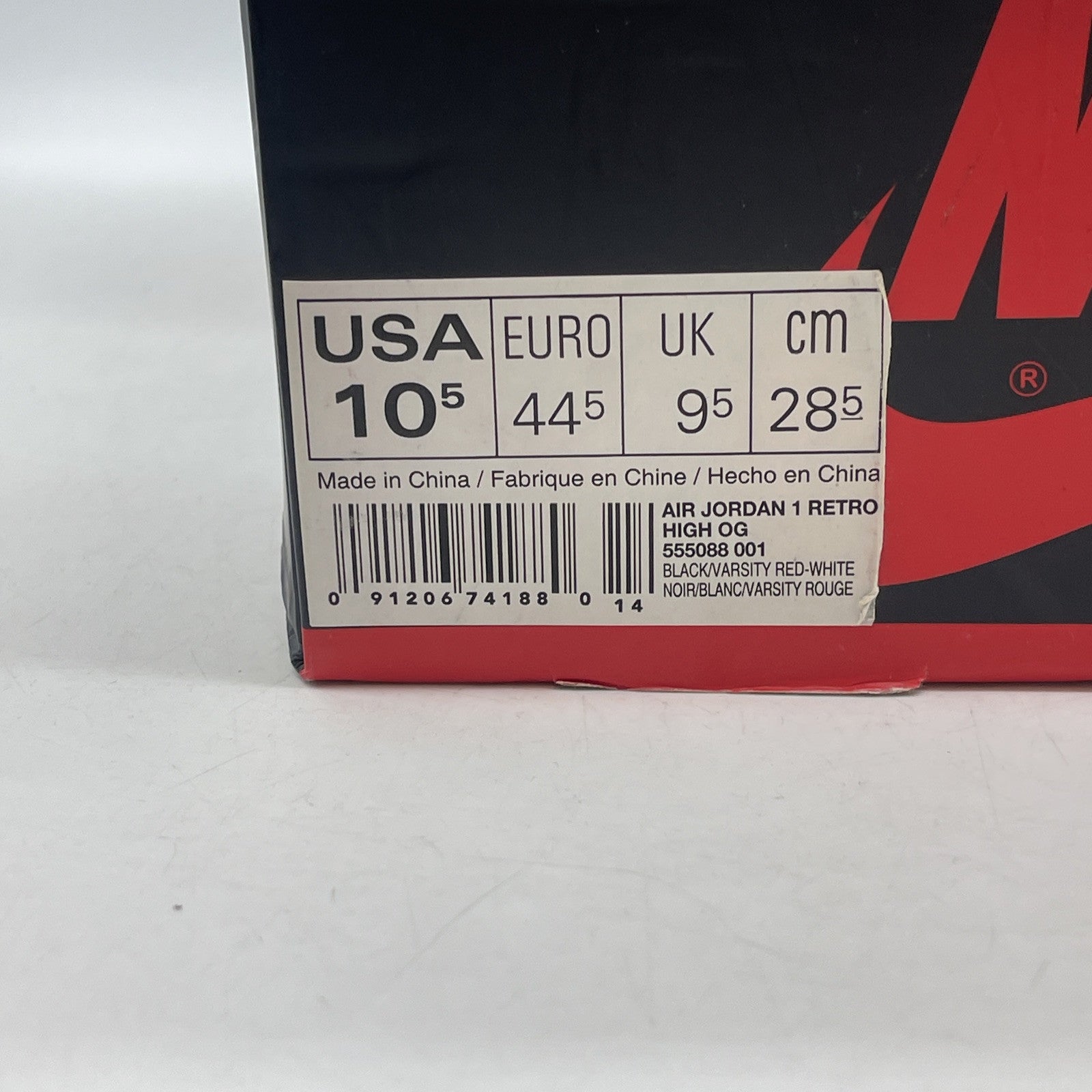Size 10.5 - Jordan 1 Retro OG High Banned, Bred Black Red leather (555088-001)