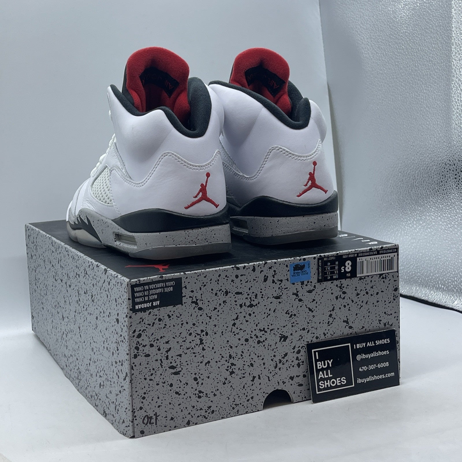 Size 8.5 - Air Jordan 5 Retro White Cement Grey red Black Leather (136027-104)