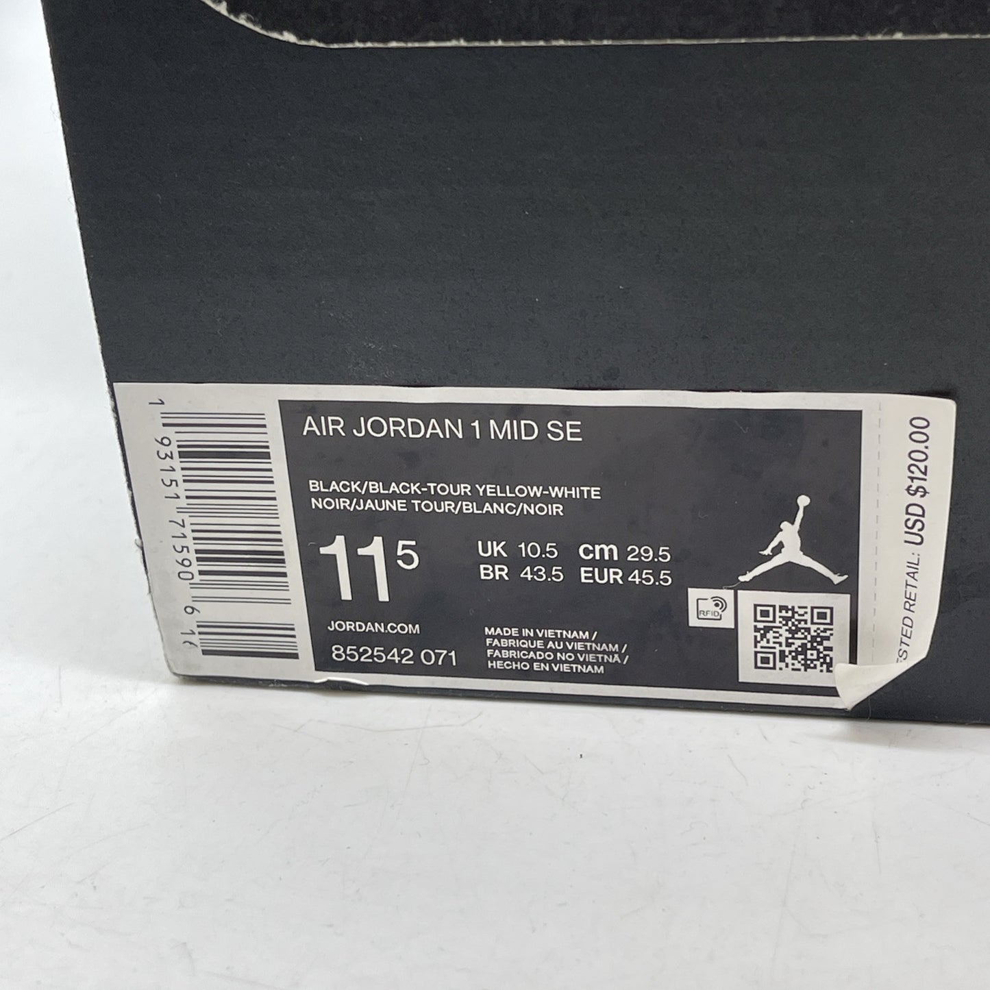 Size 11.5 - Air Jordan 1 SE Mid Yellow Toe Black White Suede (852542-071)