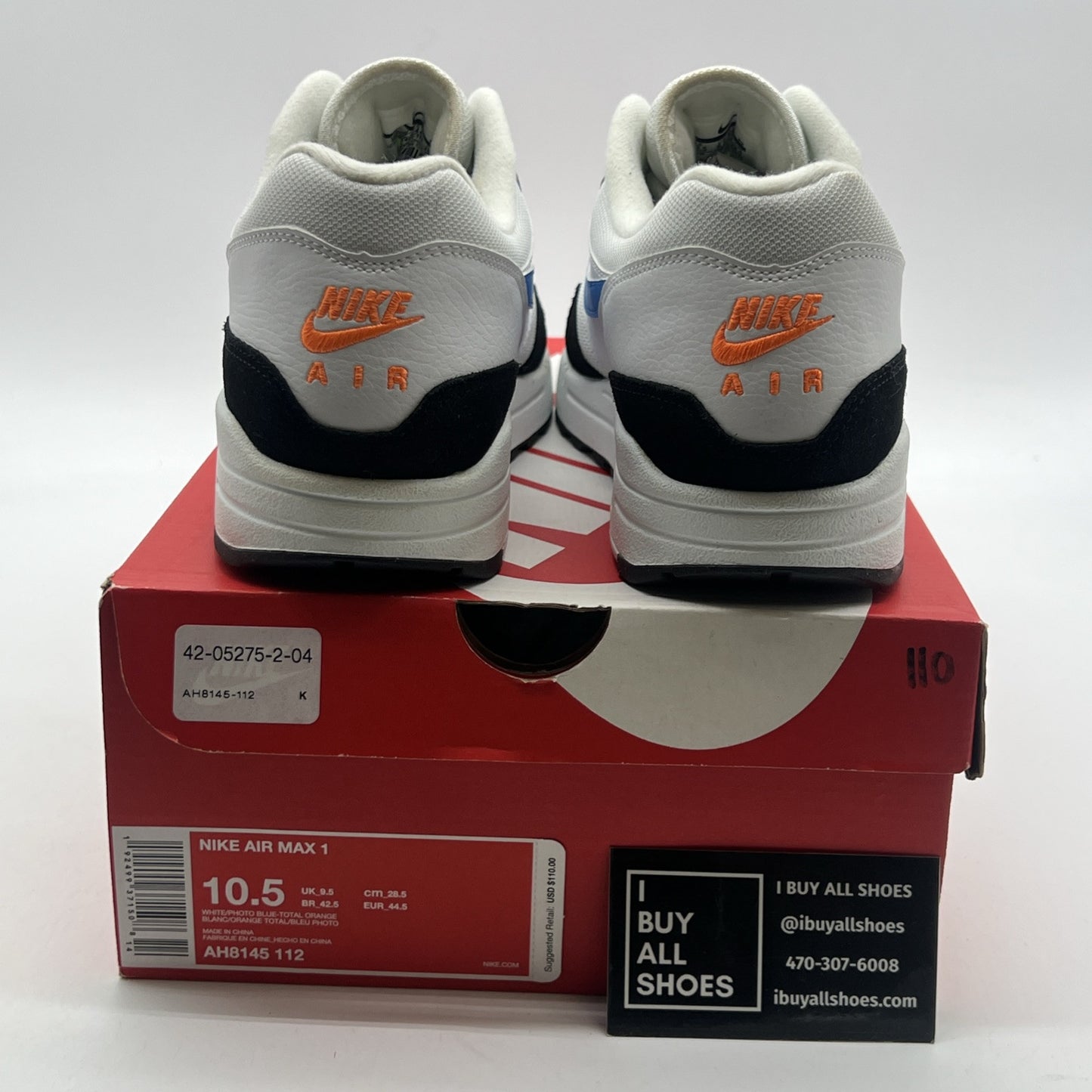 Size 10.5 - Nike Air Max 1 Photo Blue Total Orange (AH8145-112)