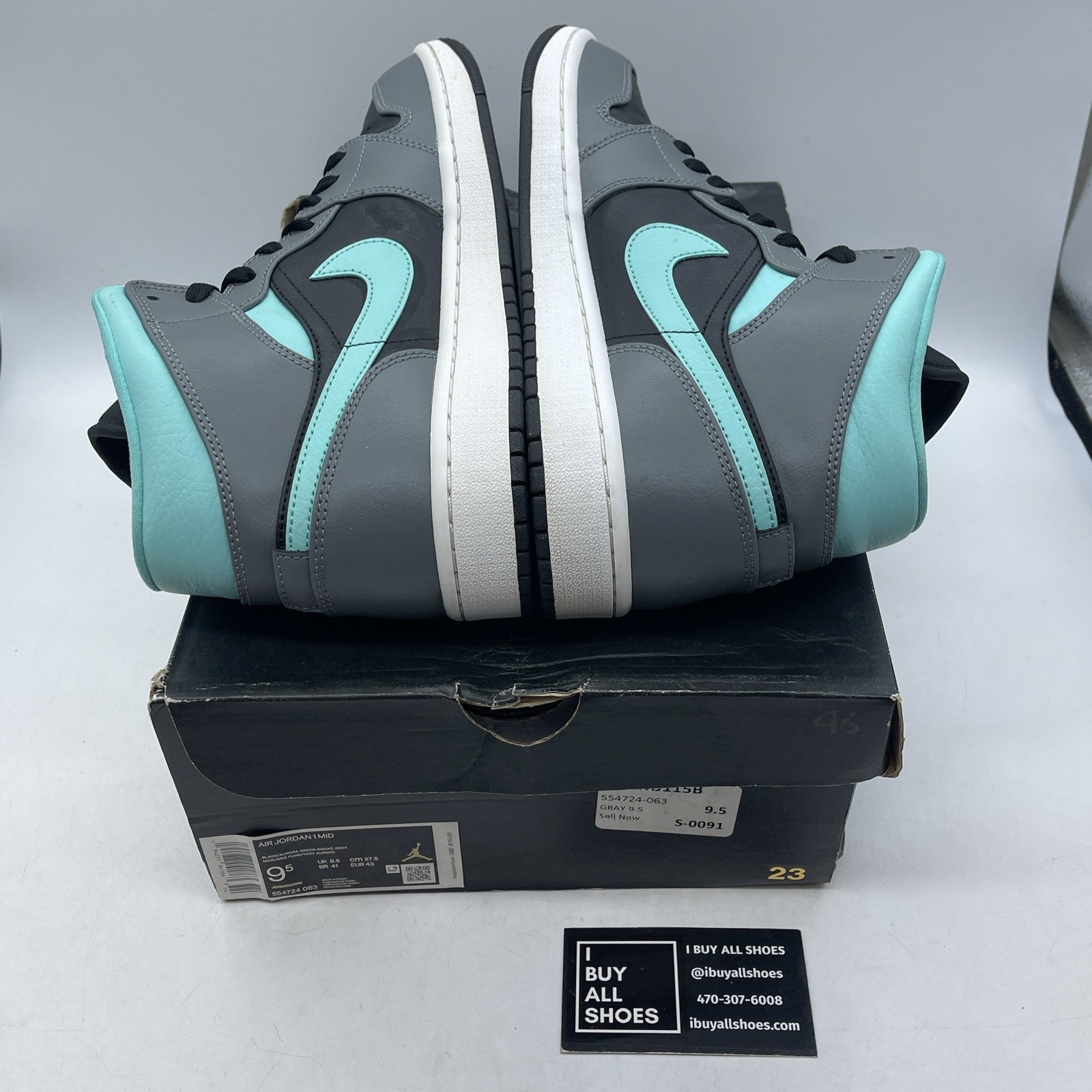 Size 9.5 - Air Jordan 1 Mid Grey Aqua Black Leather (554724-063)