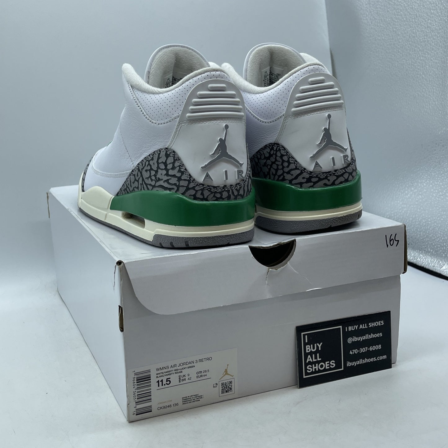 Size 11.5 - Nike Air Jordan 3 Retro Lucky Green White Grey. Suede (CK9246-136)